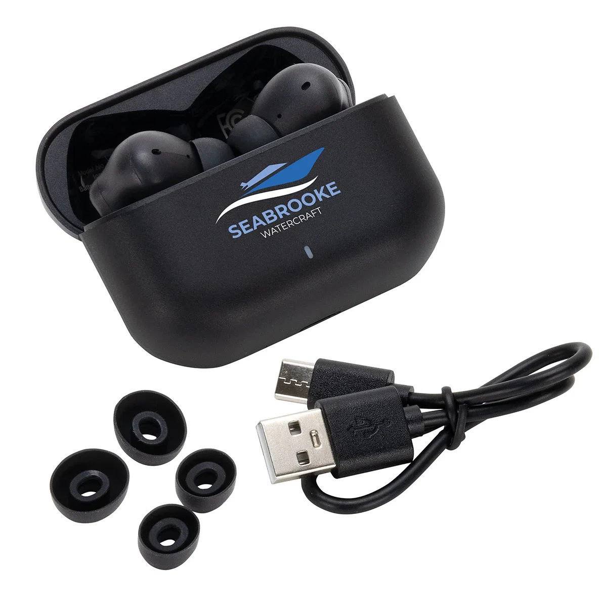 Sonoro promotional TWS earbuds, full set with case view