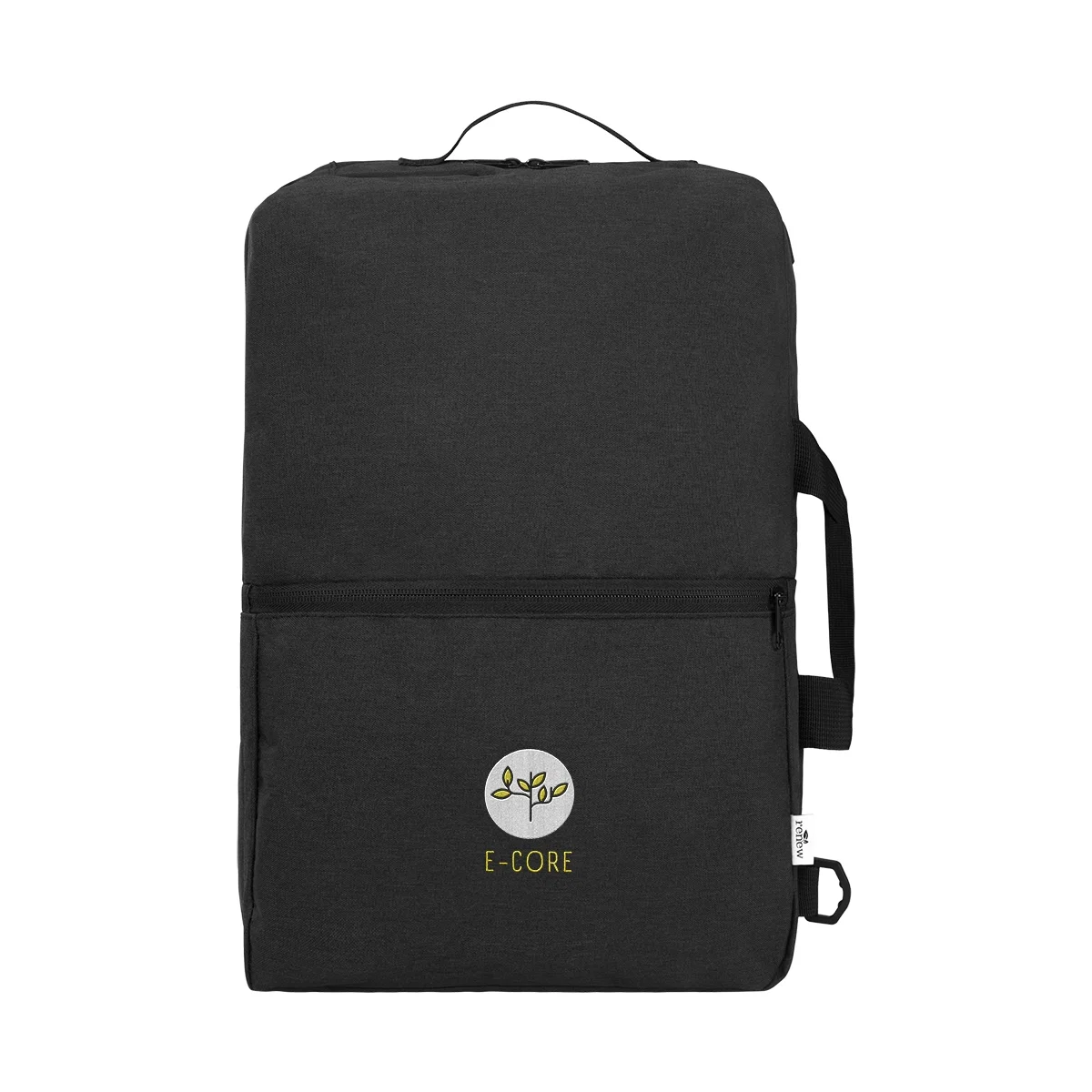 Convertible rPET backpack in heather gray, worn as a daypack
