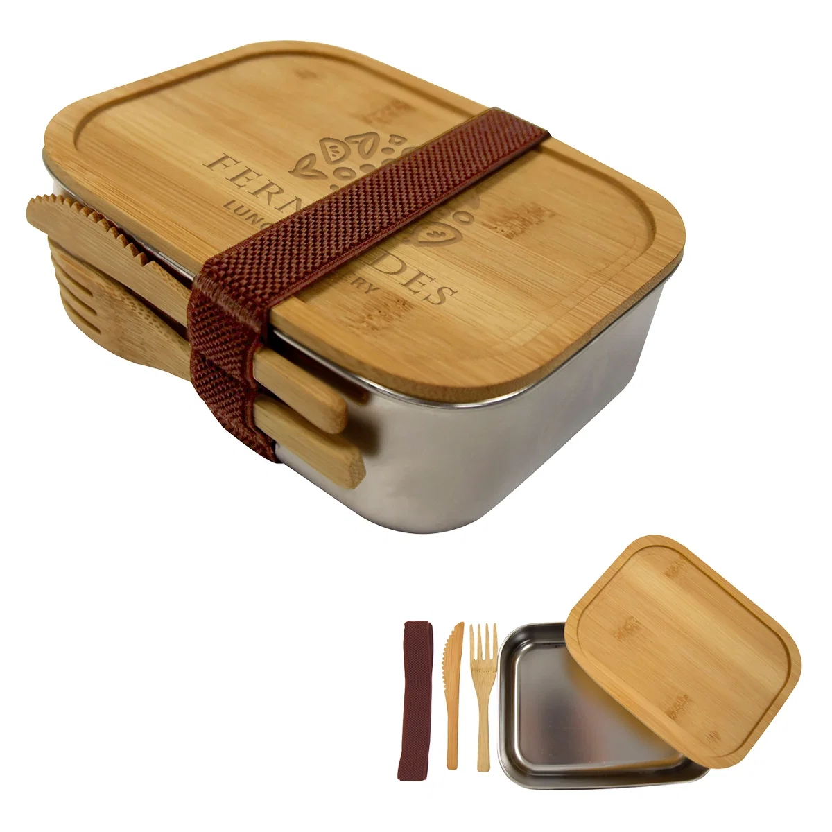 Stainless steel bento box topped with a bamboo lid