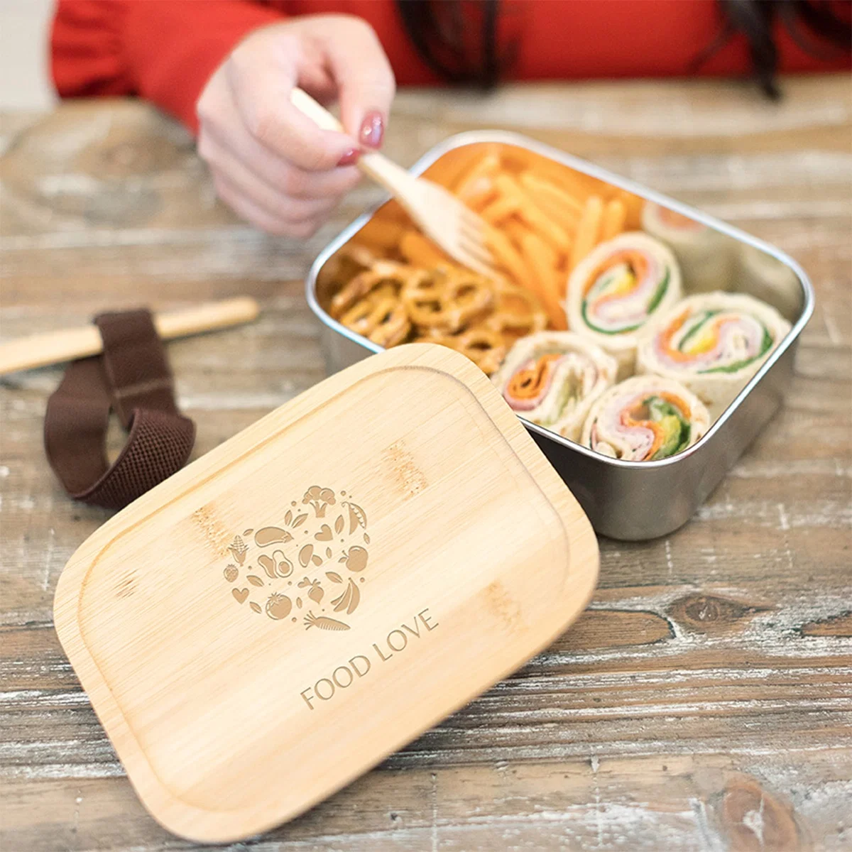 Sophisticate Stainless & Bamboo Bento Box in use