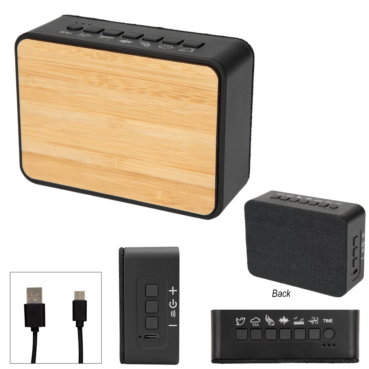 Control buttons set into the wood grain top panel