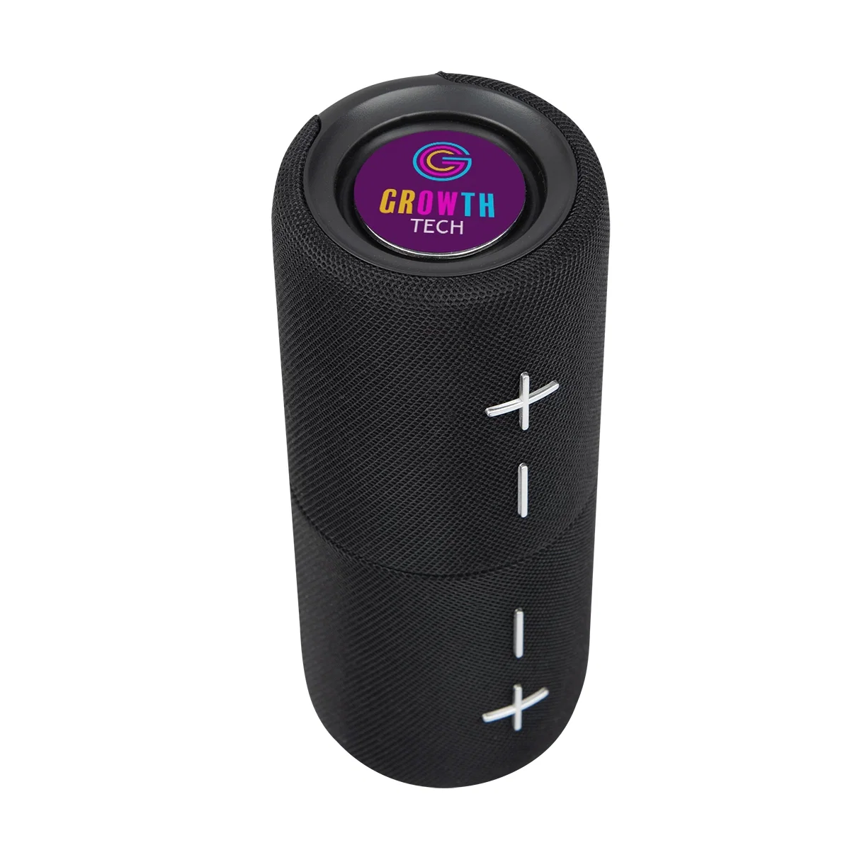 Waterproof cylindrical speaker standing upright at roughly eight inches tall