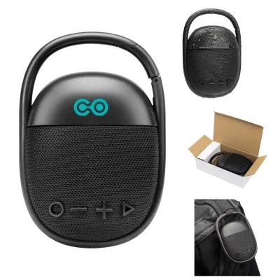 Black waterproof speaker standing upright, roughly six inches tall
