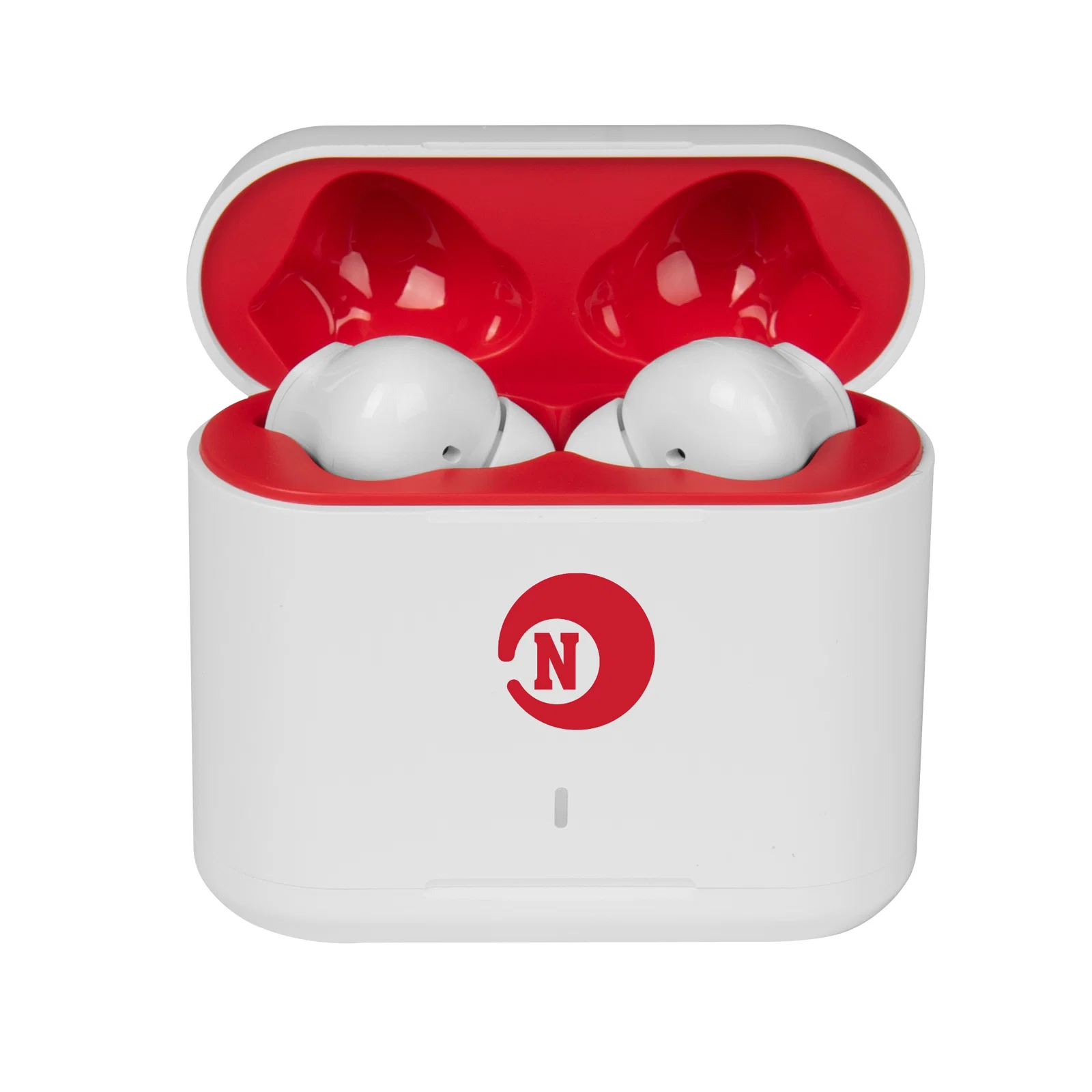 Wireless earbuds resting inside their charging case