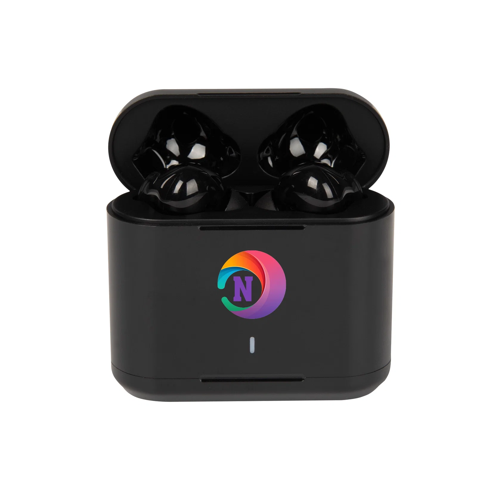 Single earbud shown close up beside the case
