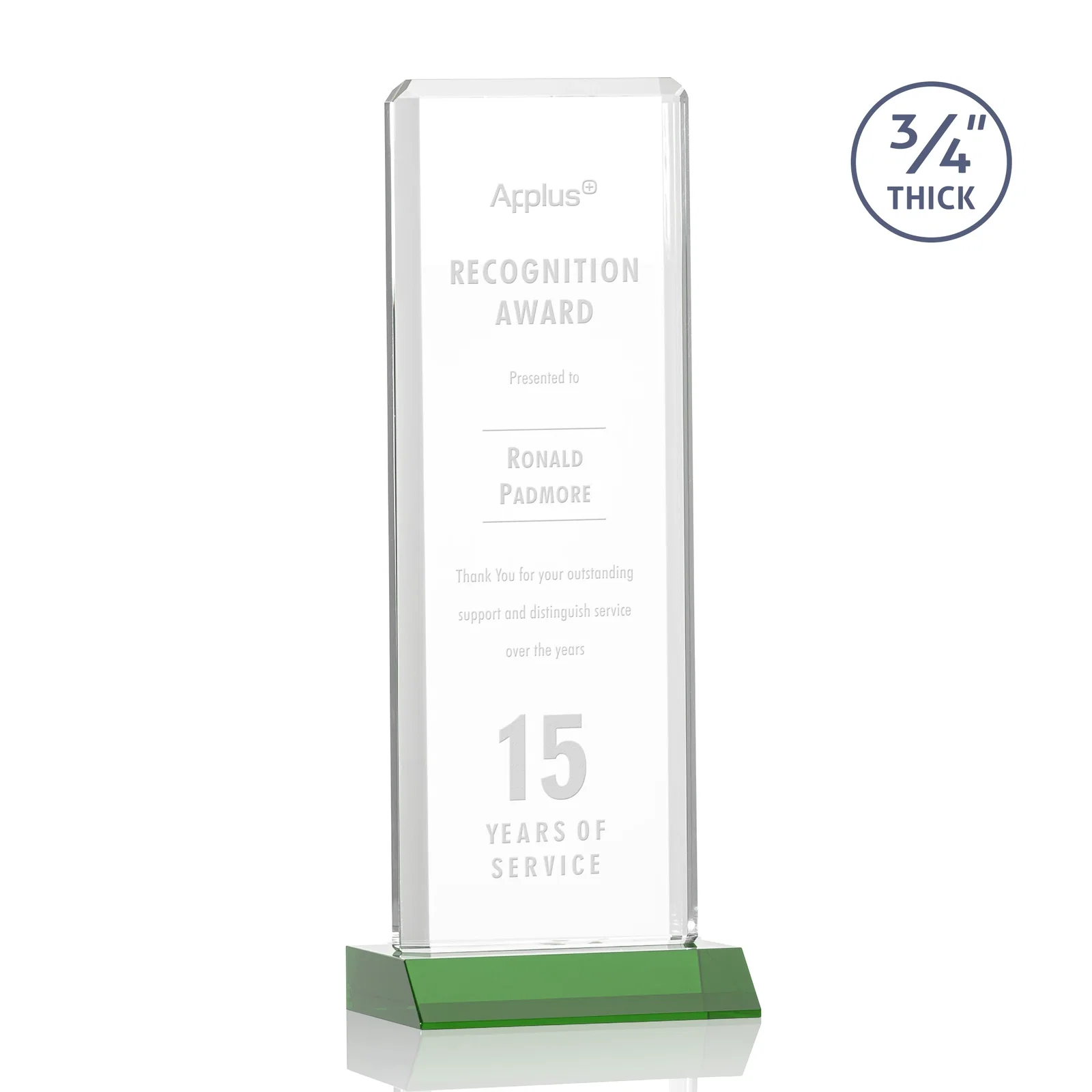 Custom Starfire Crystal Vertical Award with Double-Beveled Edges, awards for company anniversary events