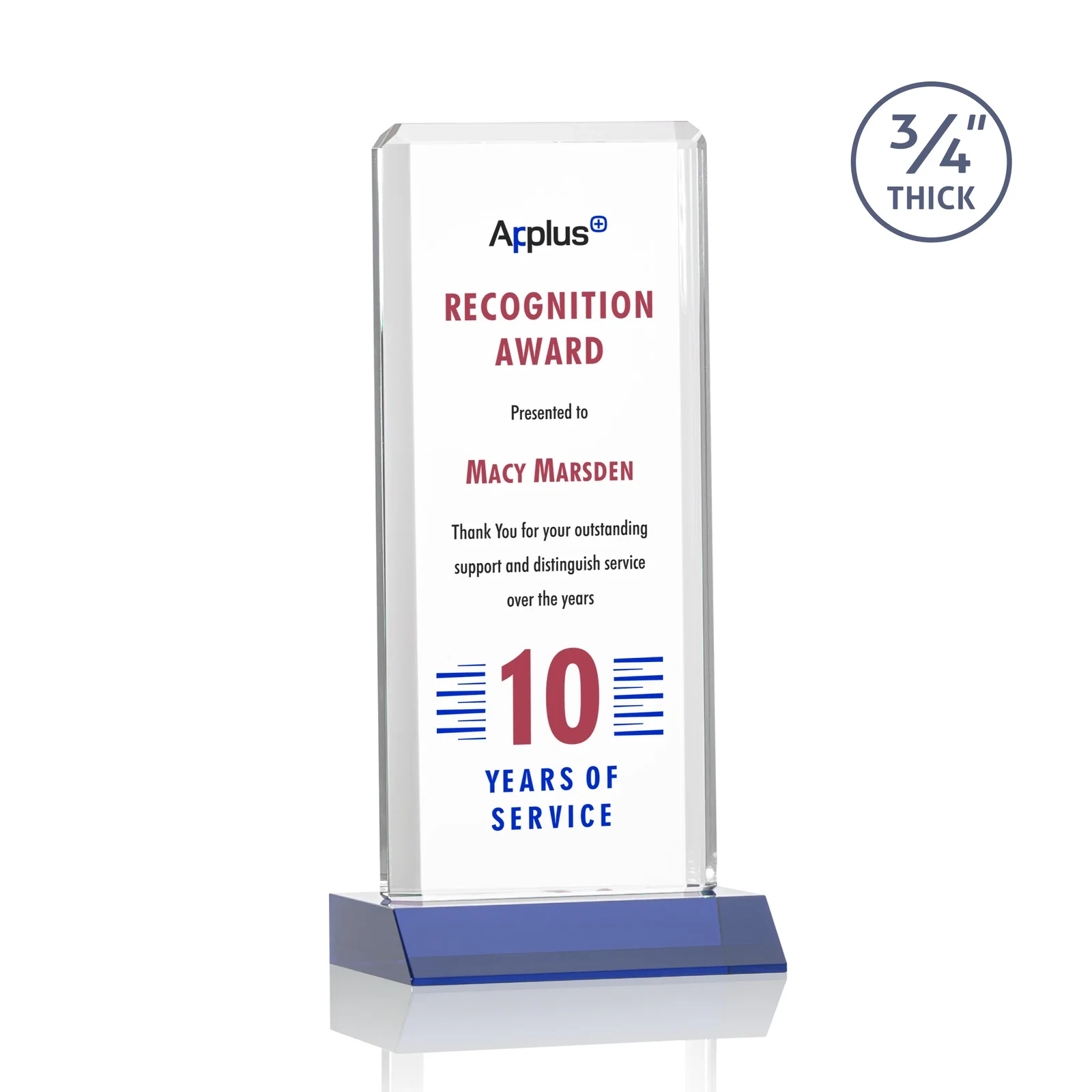 Custom printed Starfire Crystal Vertical Award with Double-Beveled Edges, awards for service anniversary gifts