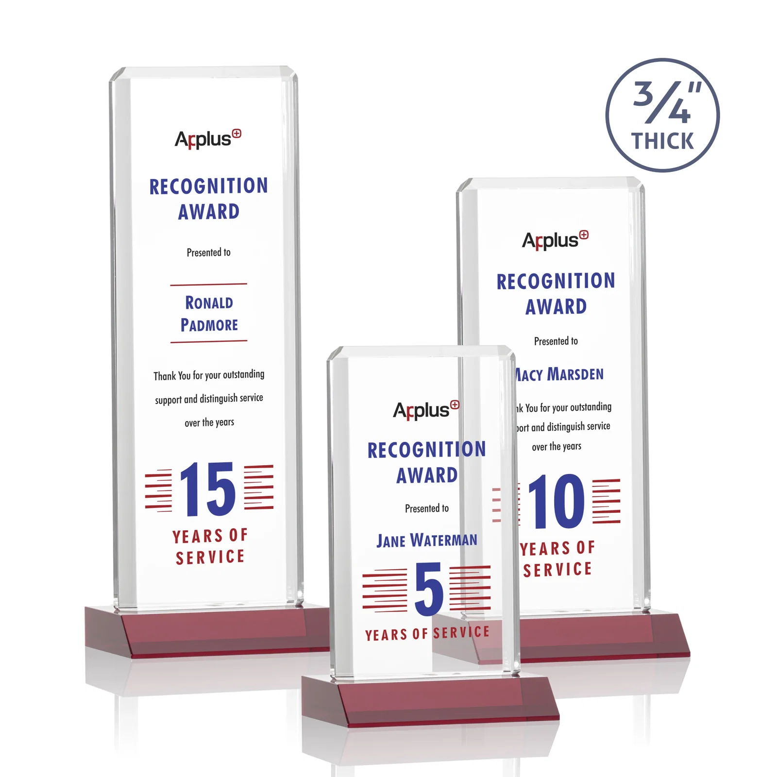 Custom printed Starfire Crystal Vertical Award with Double-Beveled Edges, awards for retirement presentations