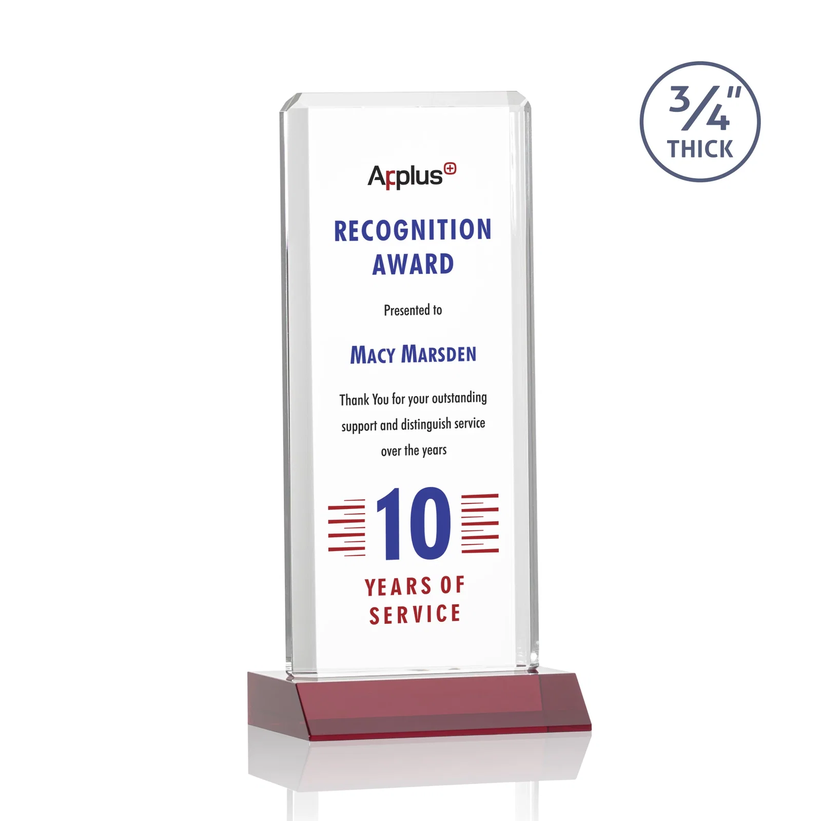 Custom printed Starfire Crystal Vertical Award with Double-Beveled Edges, awards for donor appreciation