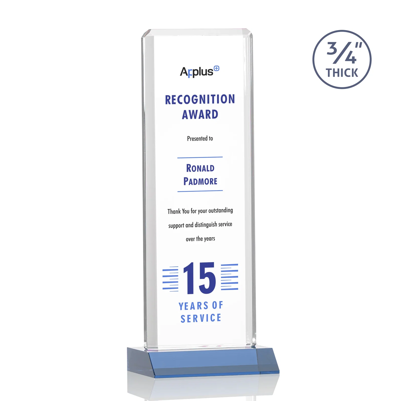 Custom printed Starfire Crystal Vertical Award with Double-Beveled Edges, awards for company anniversary events
