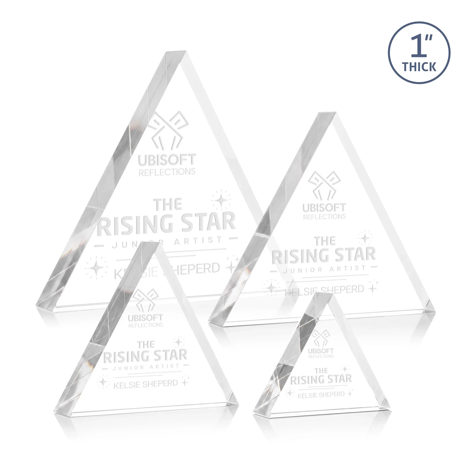 Custom One-Inch-Thick Acrylic Triangle Desk Award for employee recognition