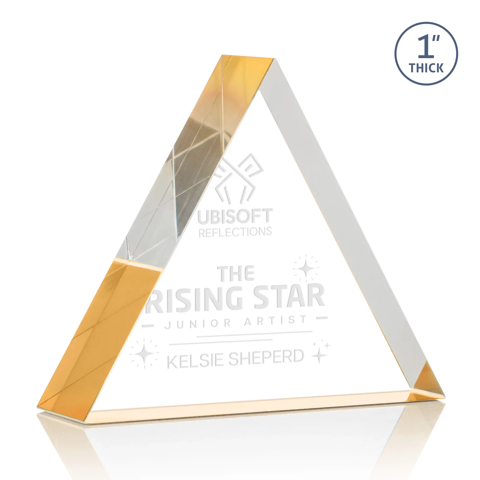 Custom One-Inch-Thick Acrylic Triangle Desk Award for dealer and partner awards