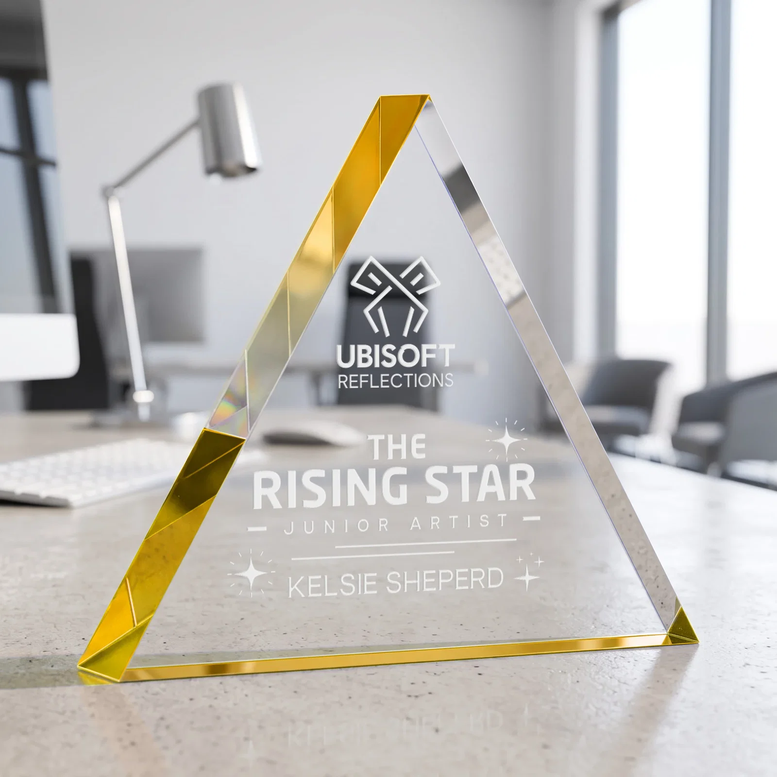 Custom One-Inch-Thick Acrylic Triangle Desk Award for company anniversary events