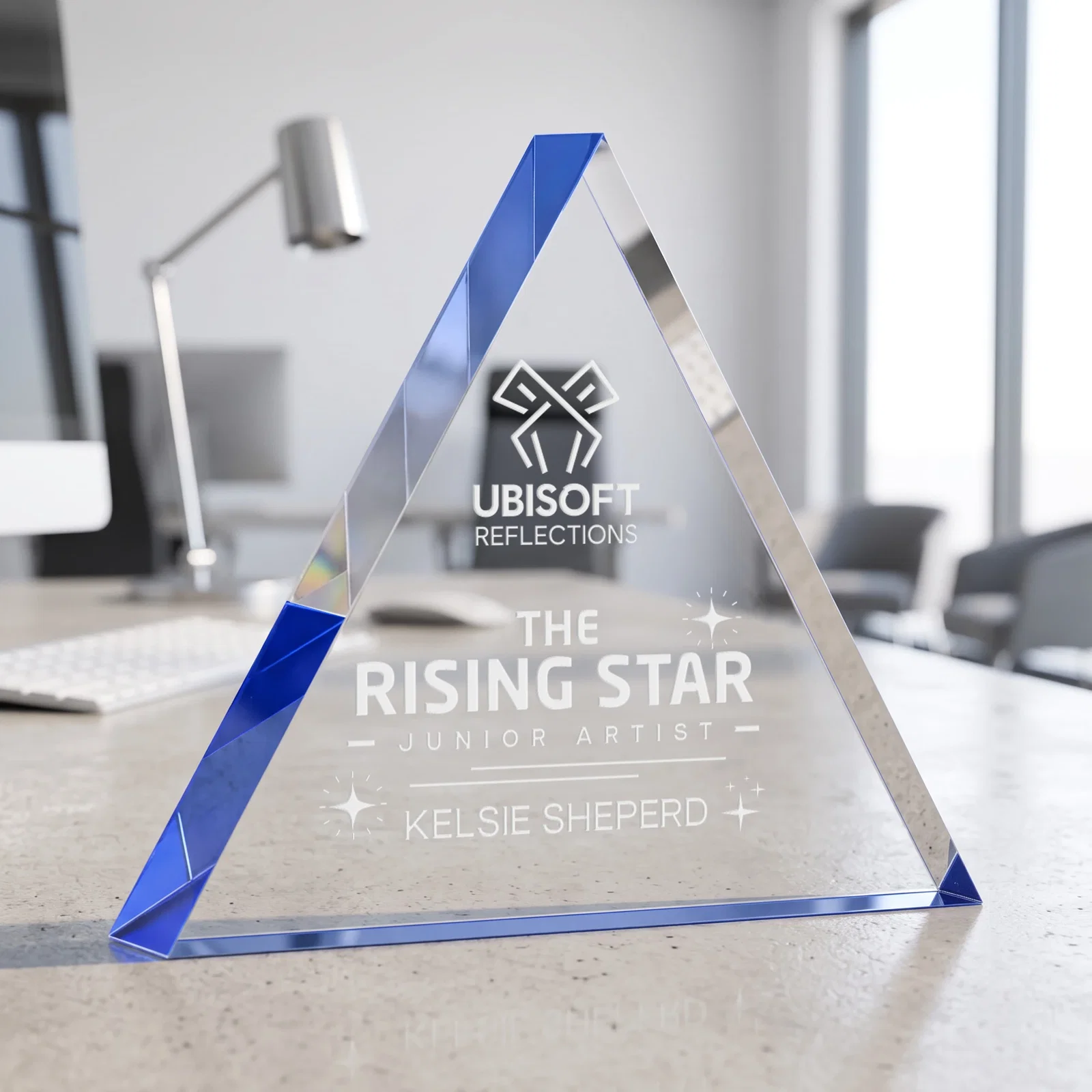 Personalized One-Inch-Thick Acrylic Triangle Desk Award for team milestone celebrations