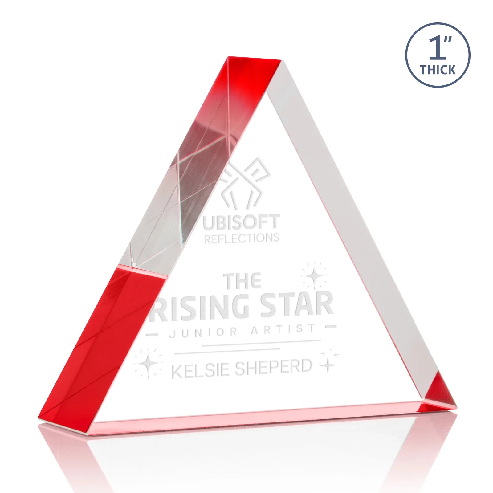 Personalized One-Inch-Thick Acrylic Triangle Desk Award for dealer and partner awards