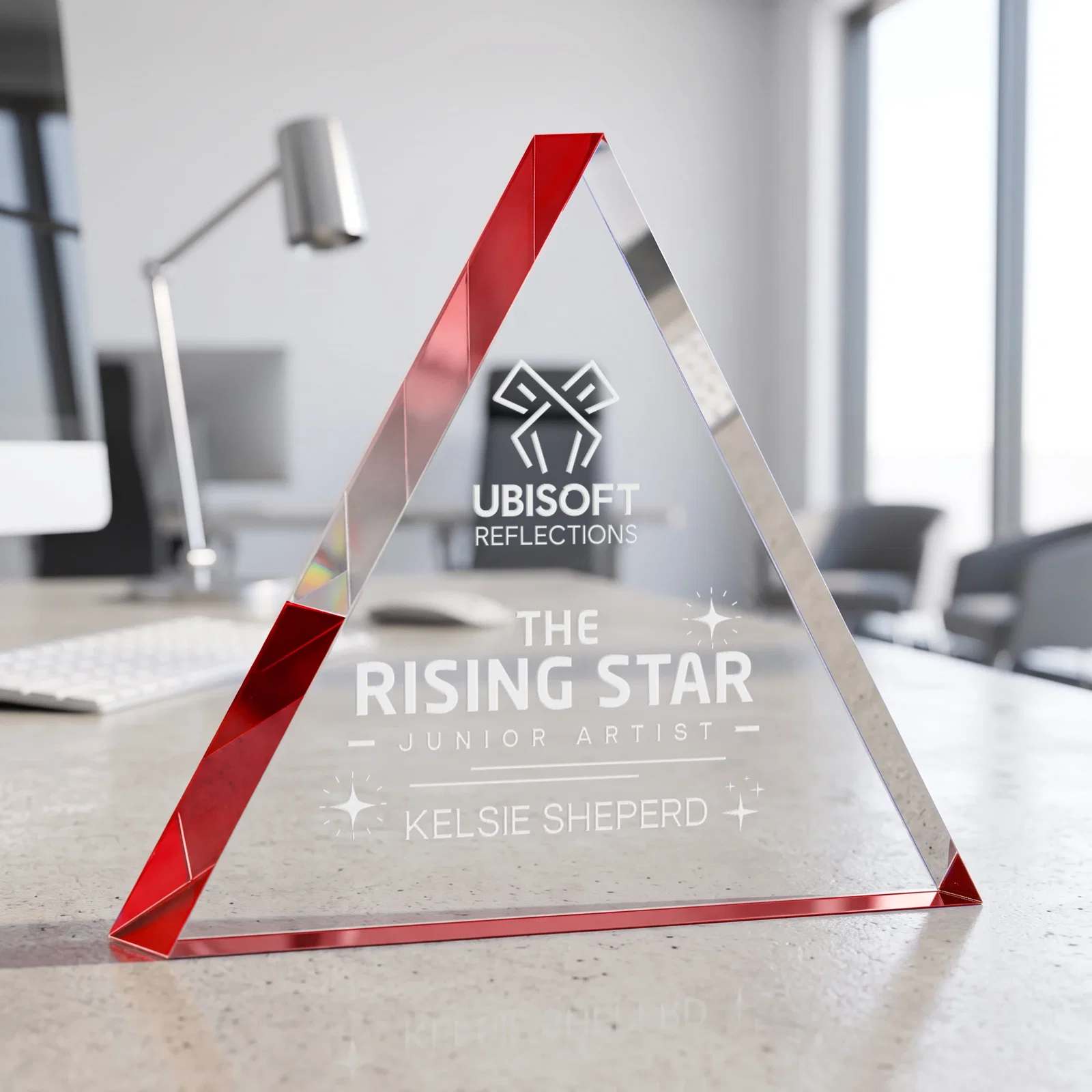 Personalized One-Inch-Thick Acrylic Triangle Desk Award for company anniversary events