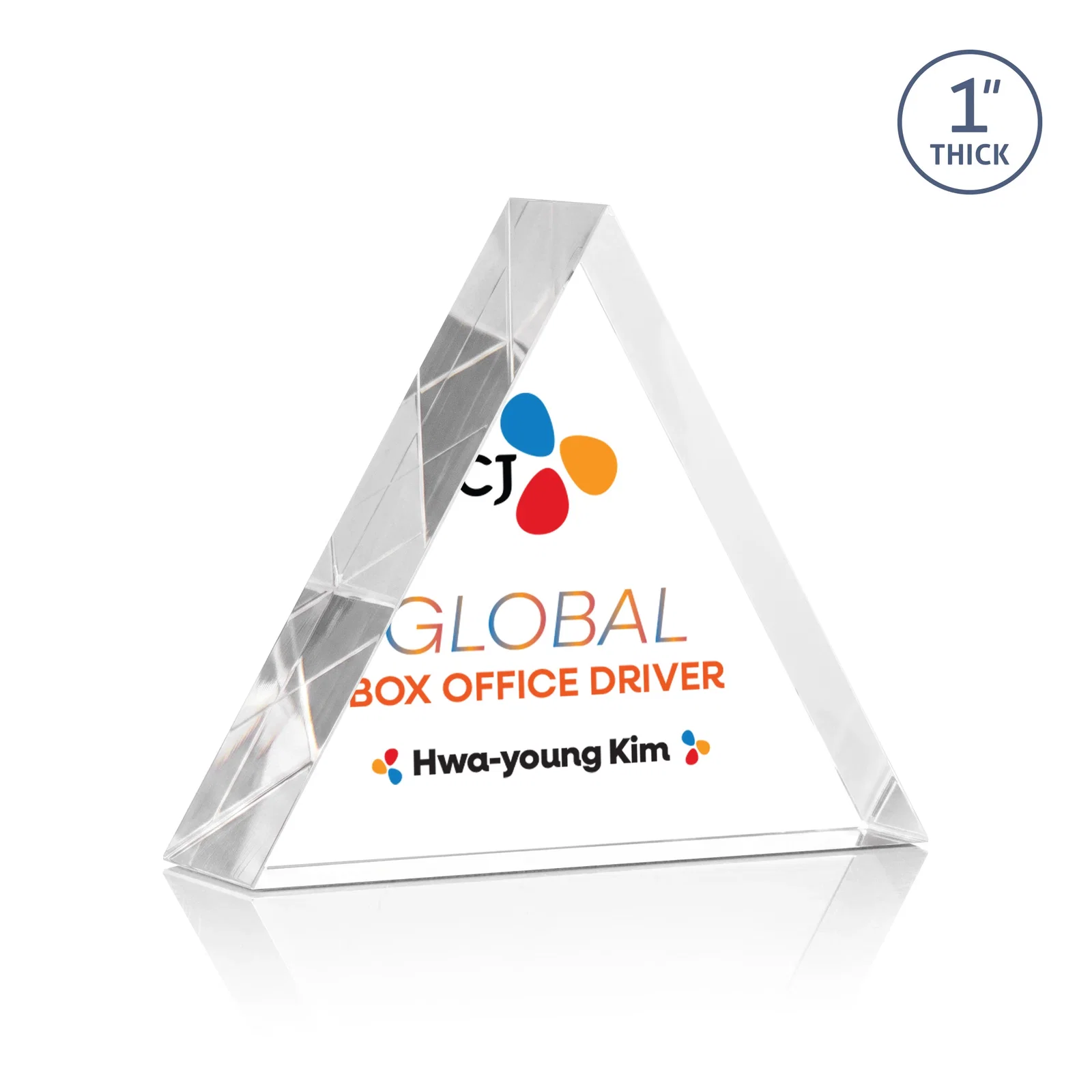 Promotional One-Inch-Thick Acrylic Triangle Desk Award for corporate award ceremonies