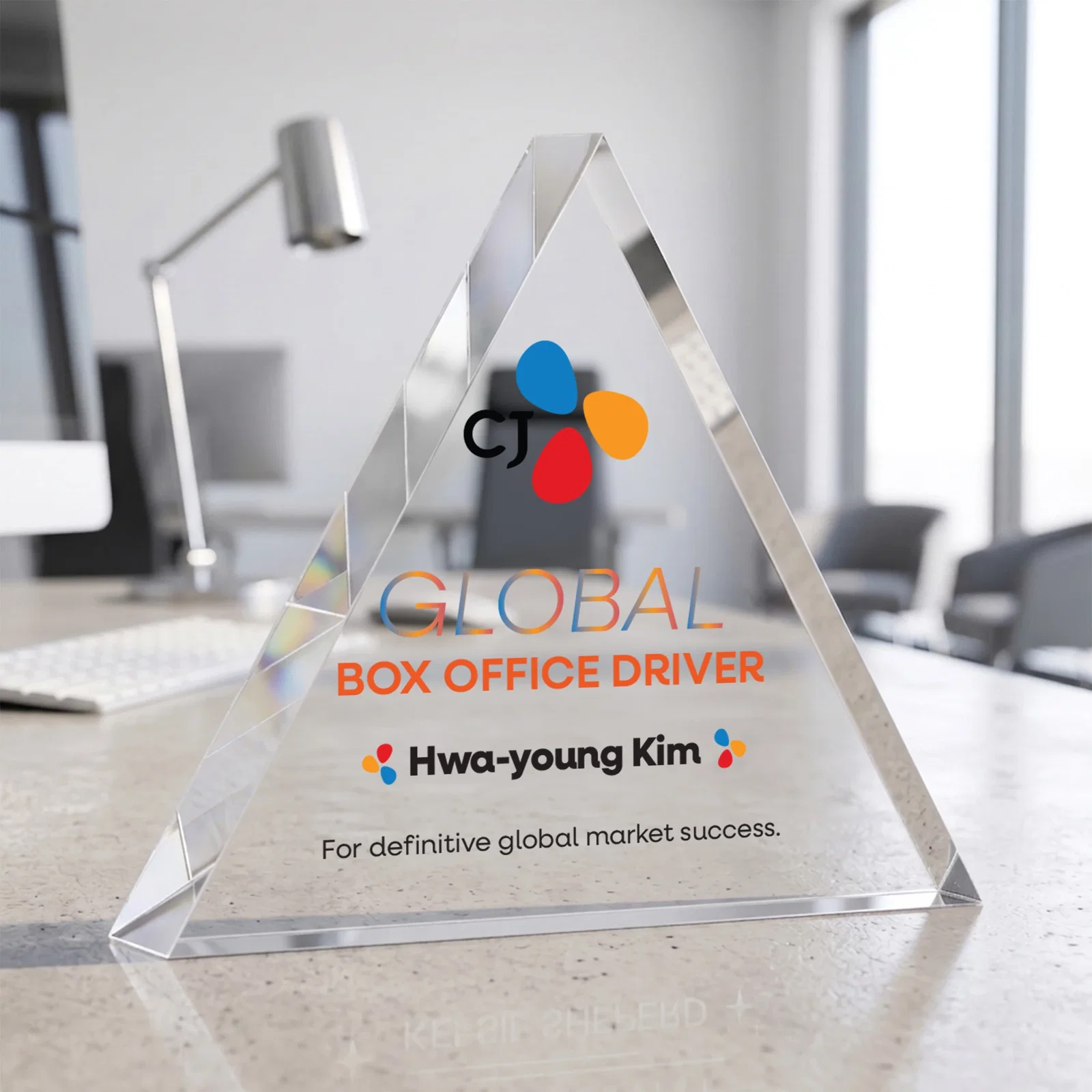 Promotional One-Inch-Thick Acrylic Triangle Desk Award for team milestone celebrations