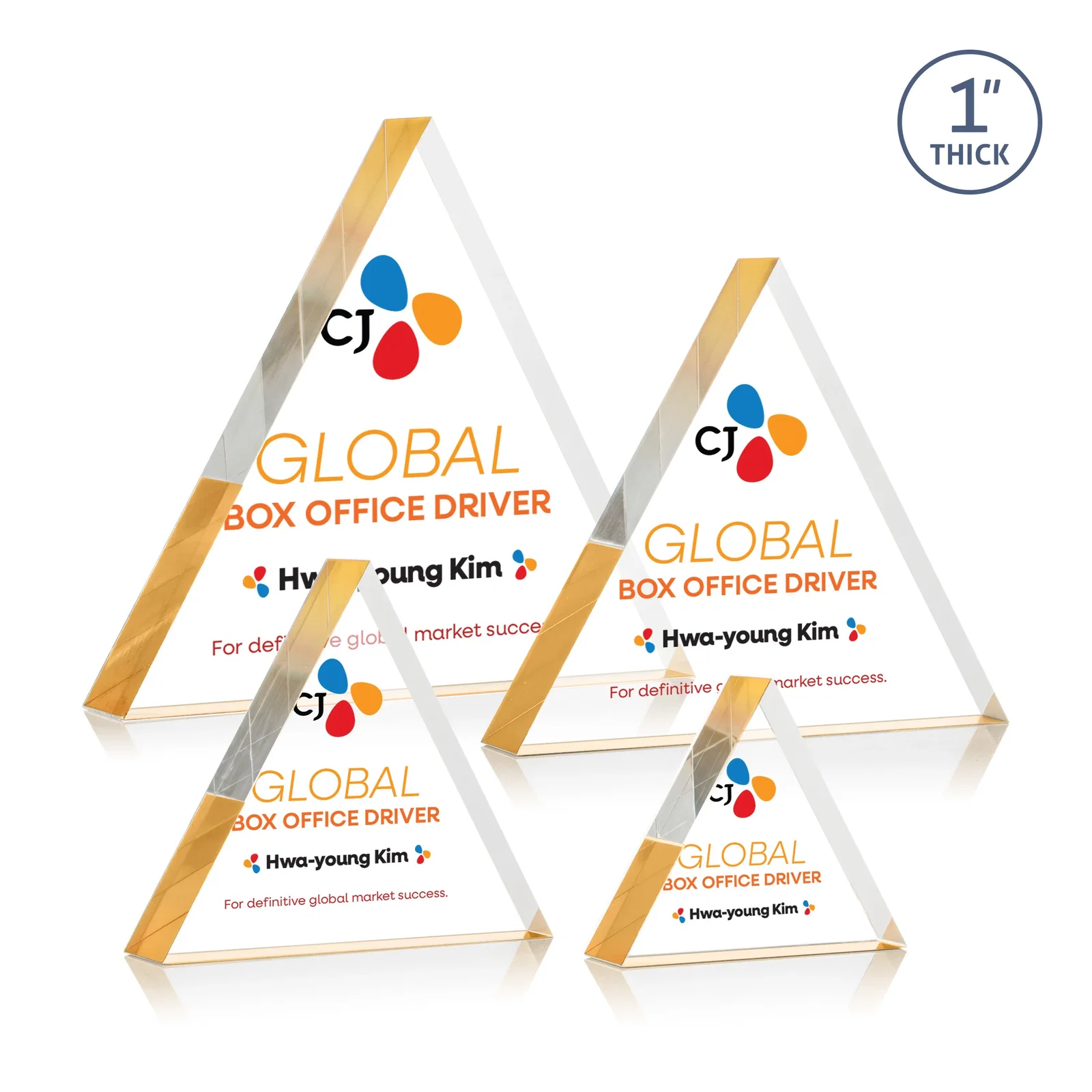 Promotional One-Inch-Thick Acrylic Triangle Desk Award for donor appreciation