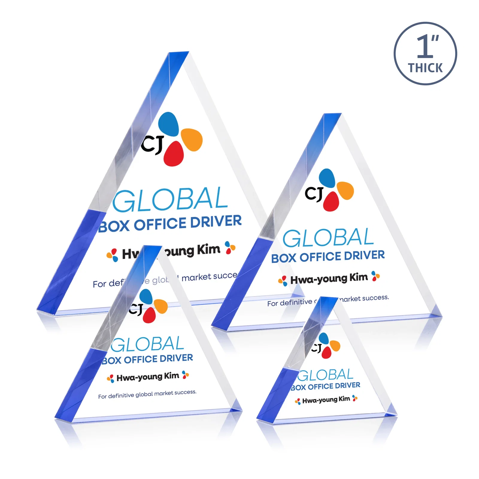 Branded One-Inch-Thick Acrylic Triangle Desk Award for employee recognition