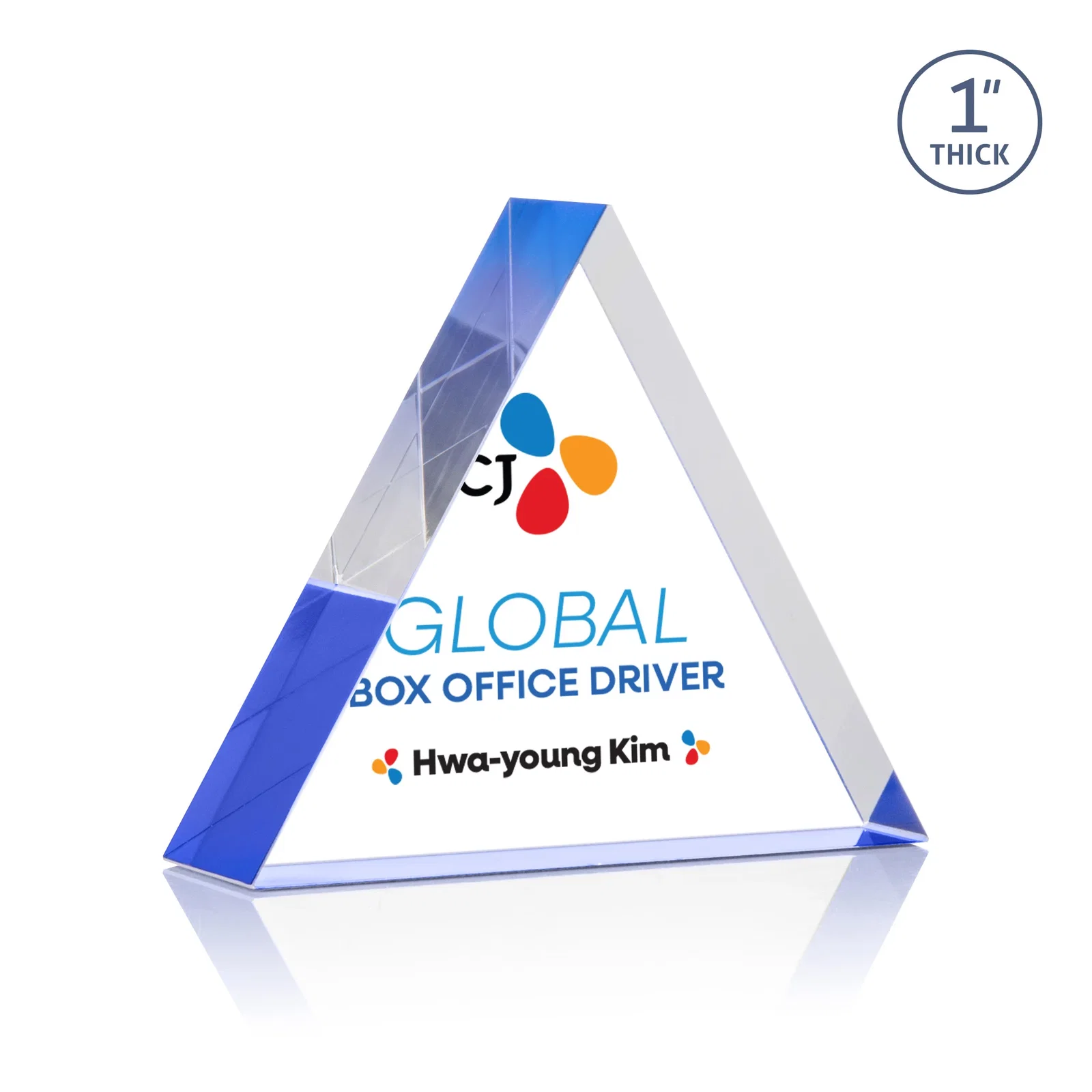 Branded One-Inch-Thick Acrylic Triangle Desk Award for corporate award ceremonies