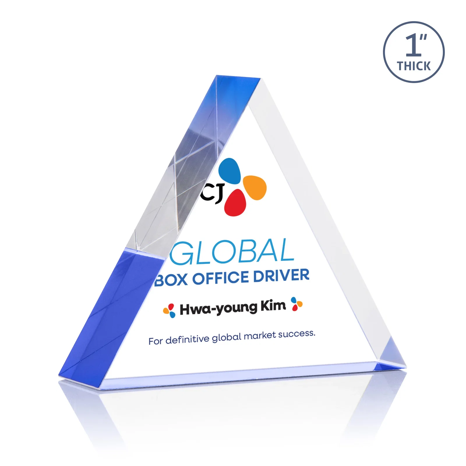 Branded One-Inch-Thick Acrylic Triangle Desk Award for service anniversary gifts