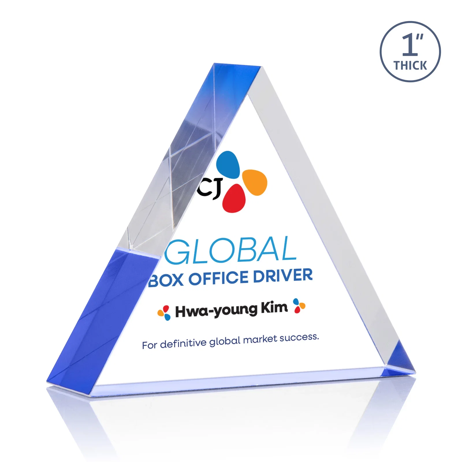 Branded One-Inch-Thick Acrylic Triangle Desk Award for sales achievement awards