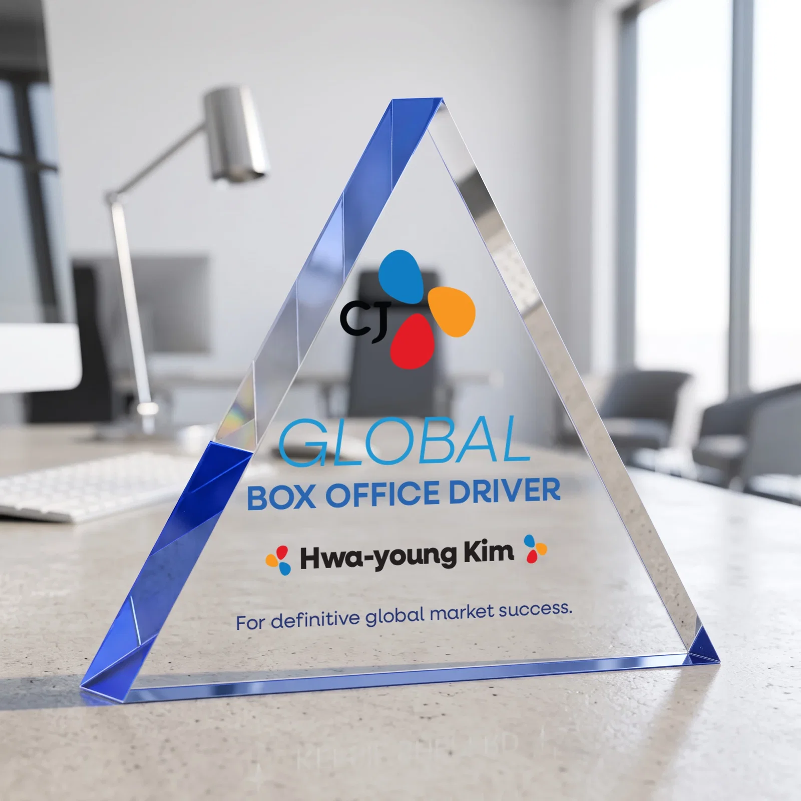 Branded One-Inch-Thick Acrylic Triangle Desk Award for team milestone celebrations