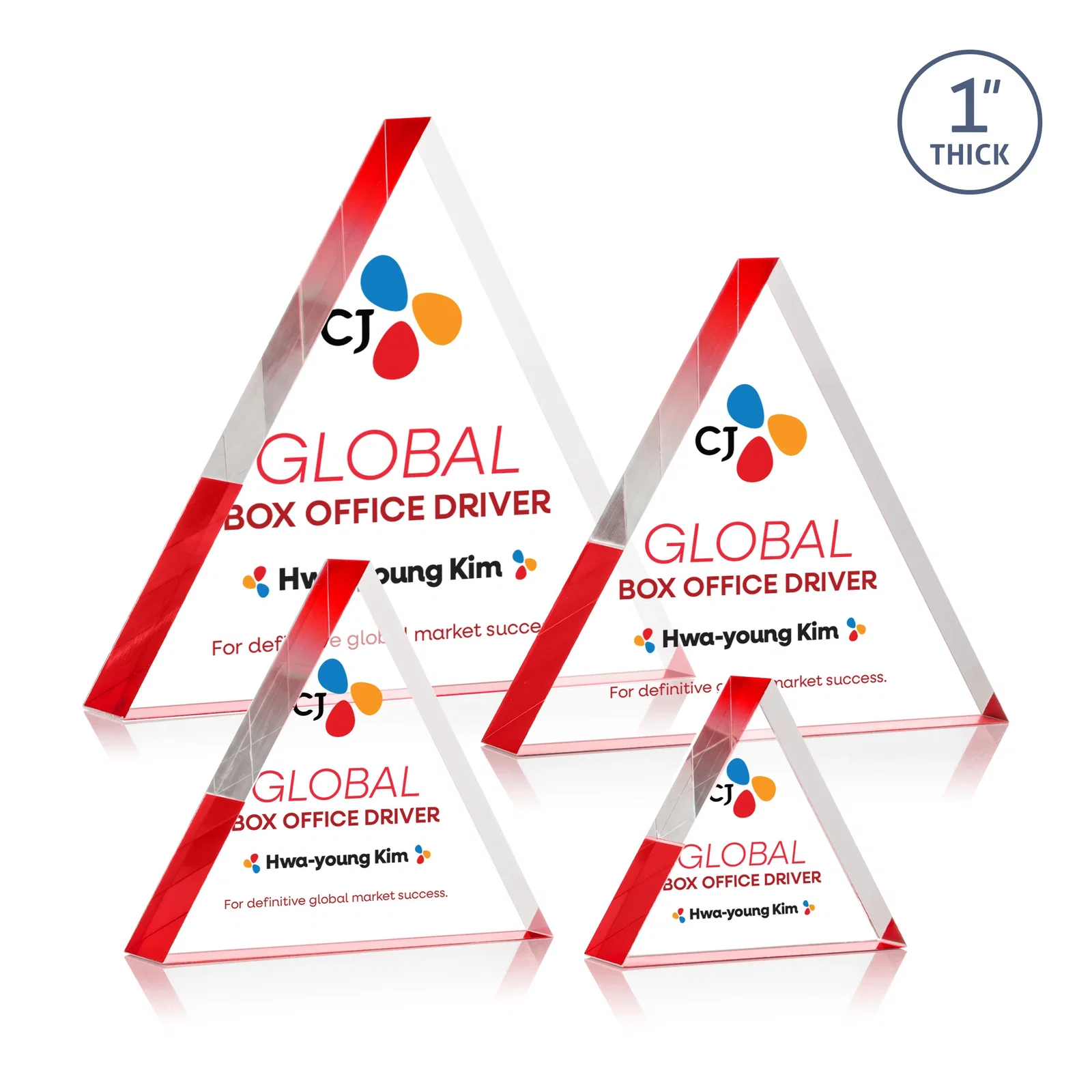 Branded One-Inch-Thick Acrylic Triangle Desk Award for donor appreciation