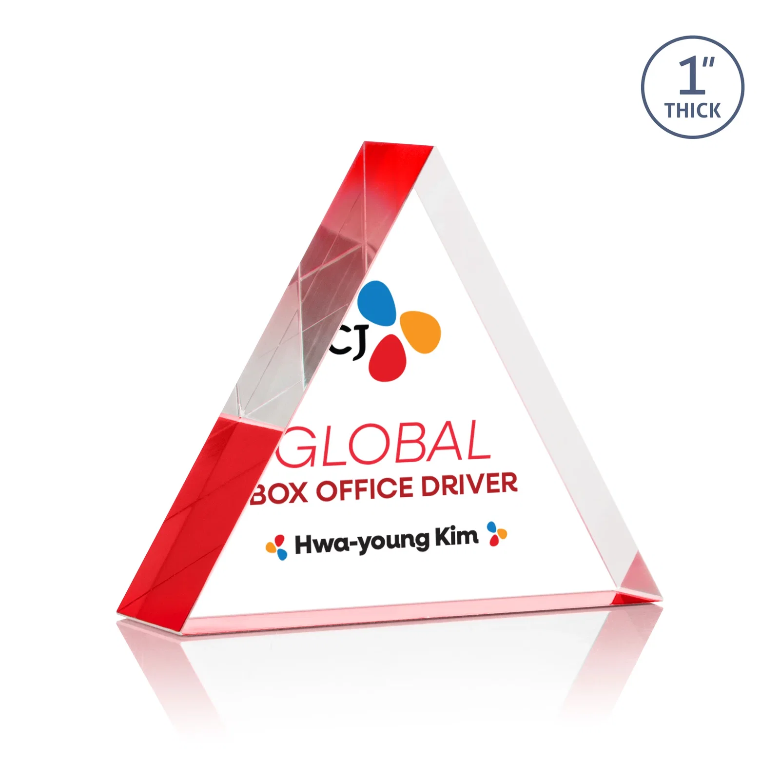 Branded One-Inch-Thick Acrylic Triangle Desk Award for graduation ceremonies