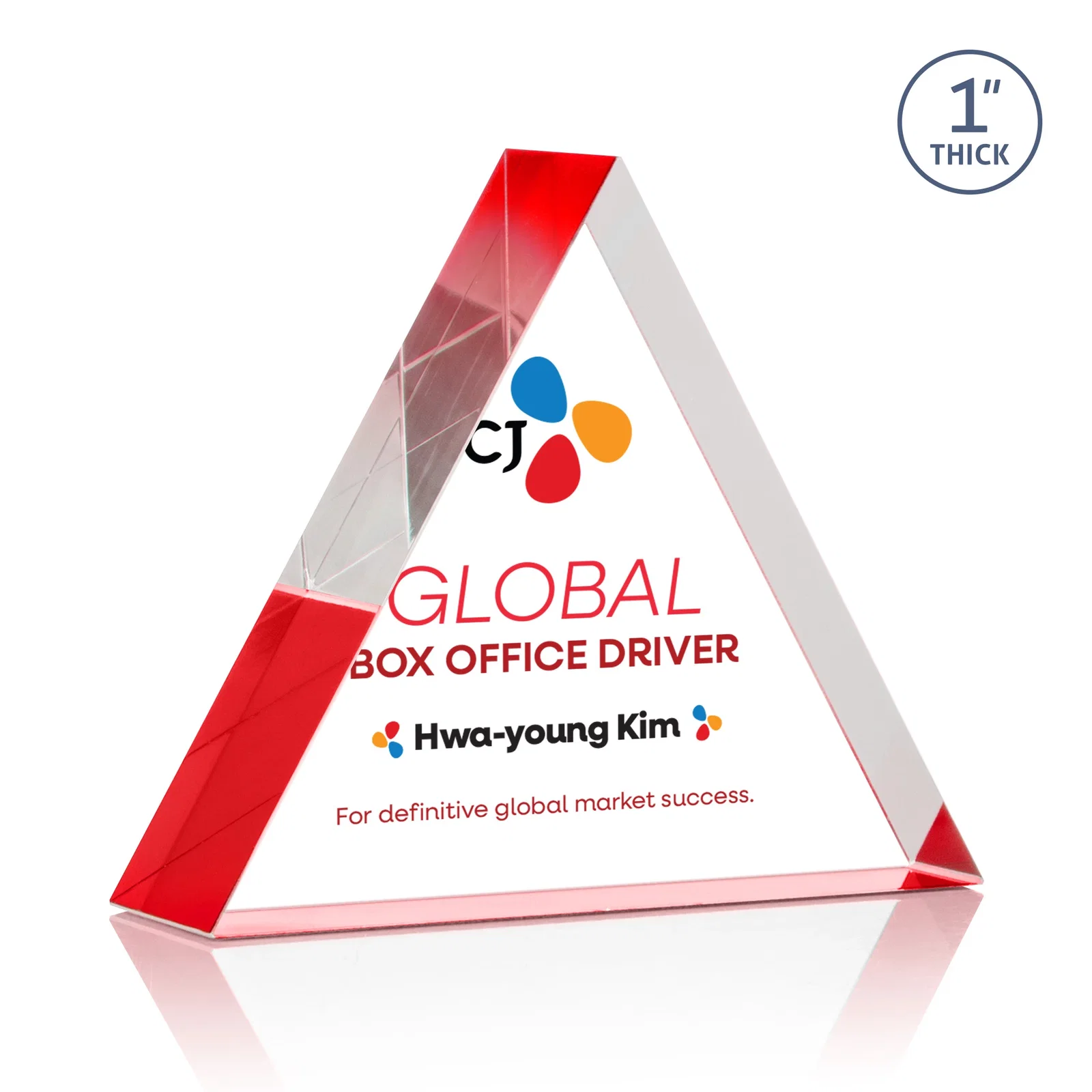 Branded One-Inch-Thick Acrylic Triangle Desk Award for volunteer appreciation
