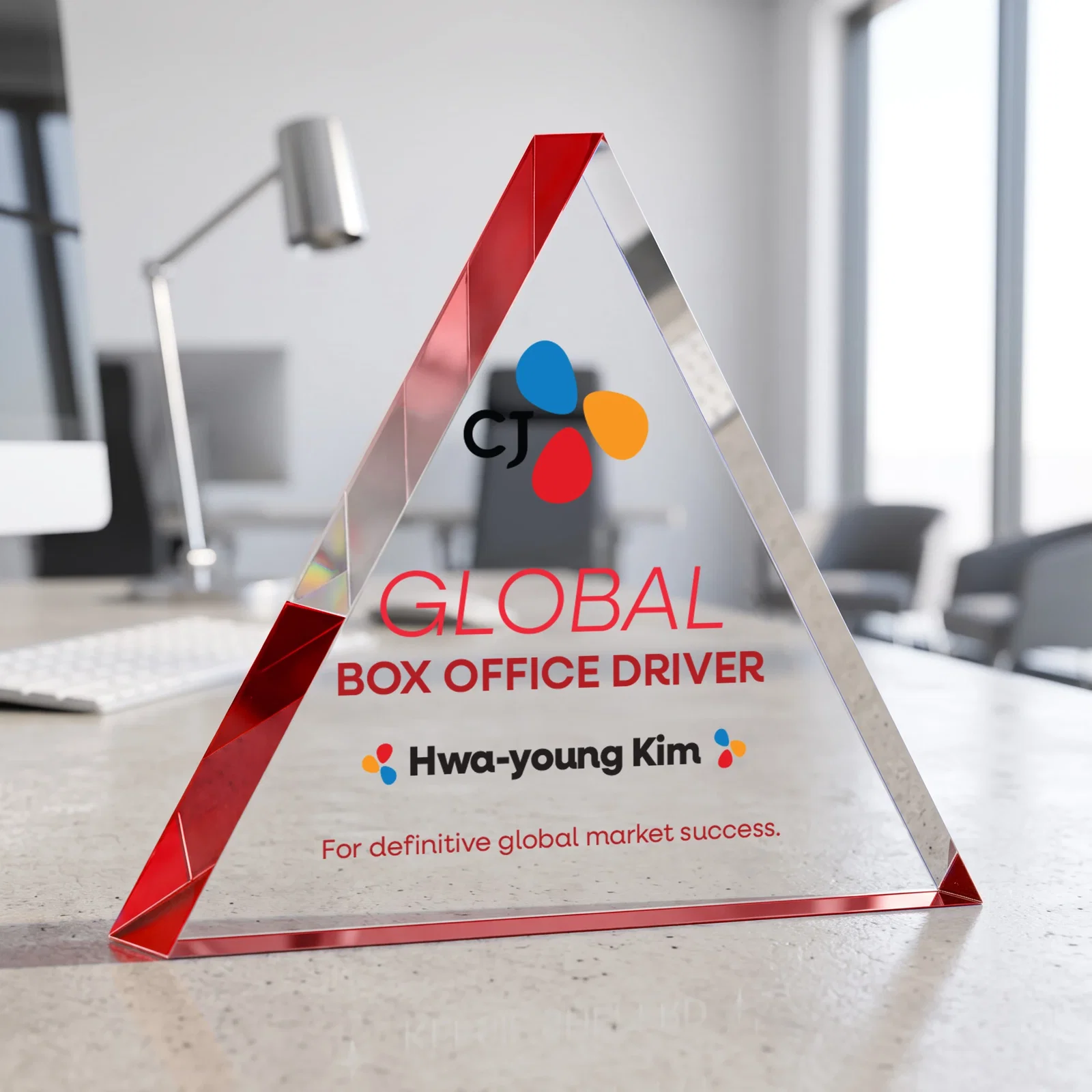 Branded One-Inch-Thick Acrylic Triangle Desk Award for company anniversary events