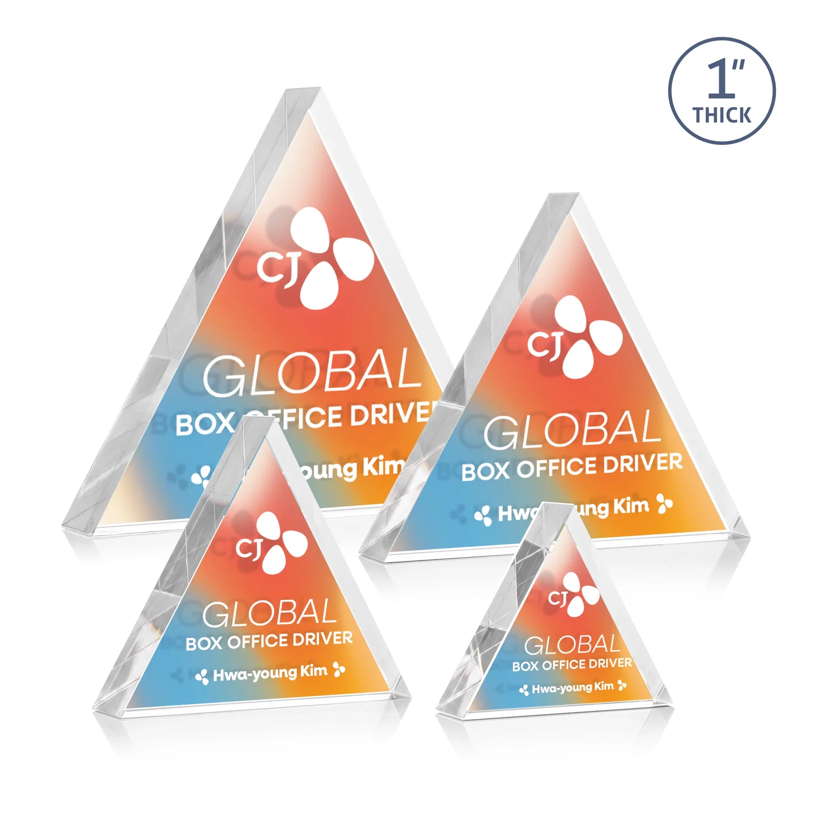 Custom printed One-Inch-Thick Acrylic Triangle Desk Award for employee recognition