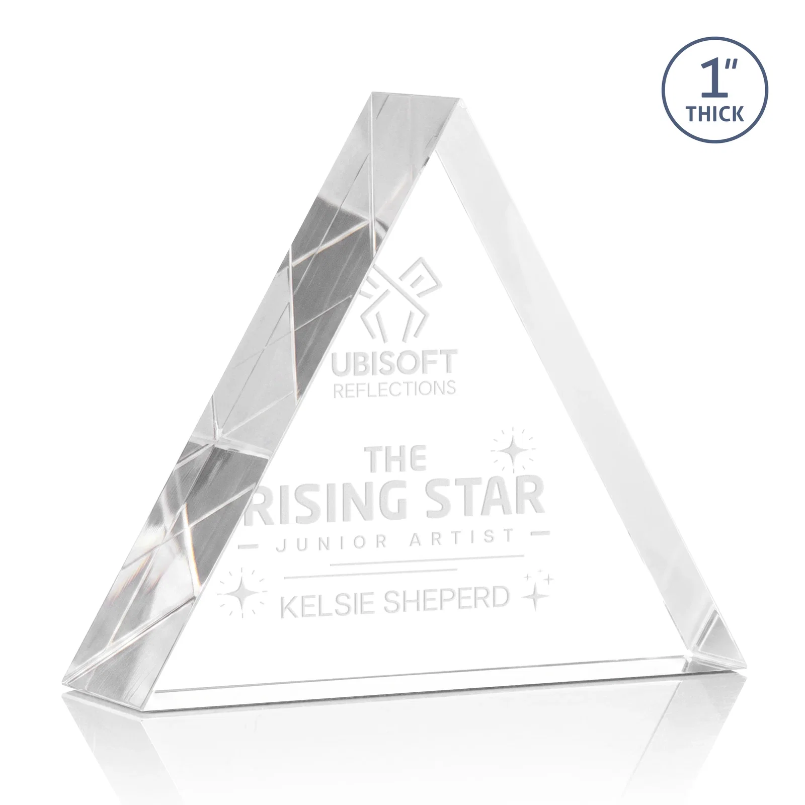 Custom One-Inch-Thick Acrylic Triangle Desk Award for retirement presentations