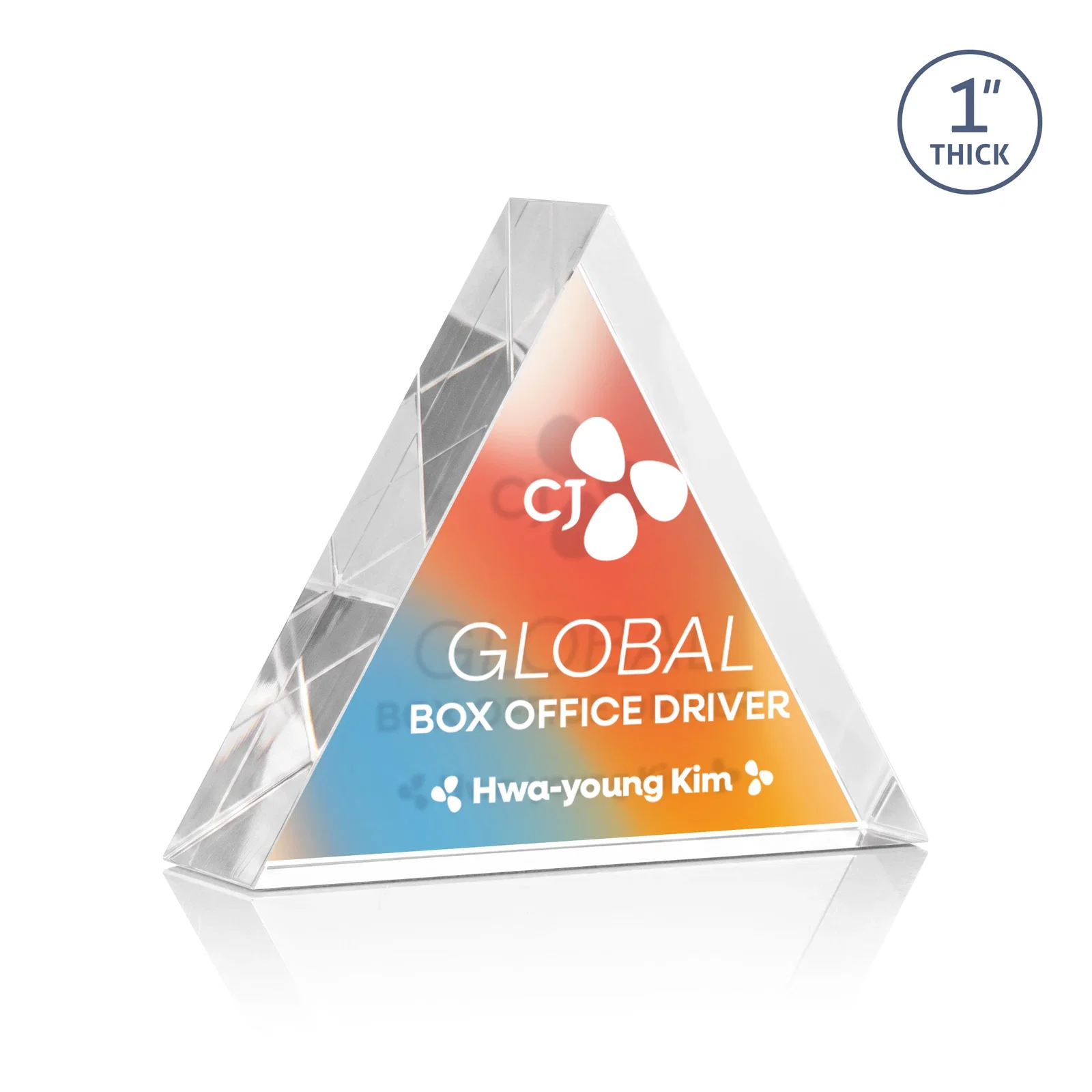 Custom printed One-Inch-Thick Acrylic Triangle Desk Award for corporate award ceremonies