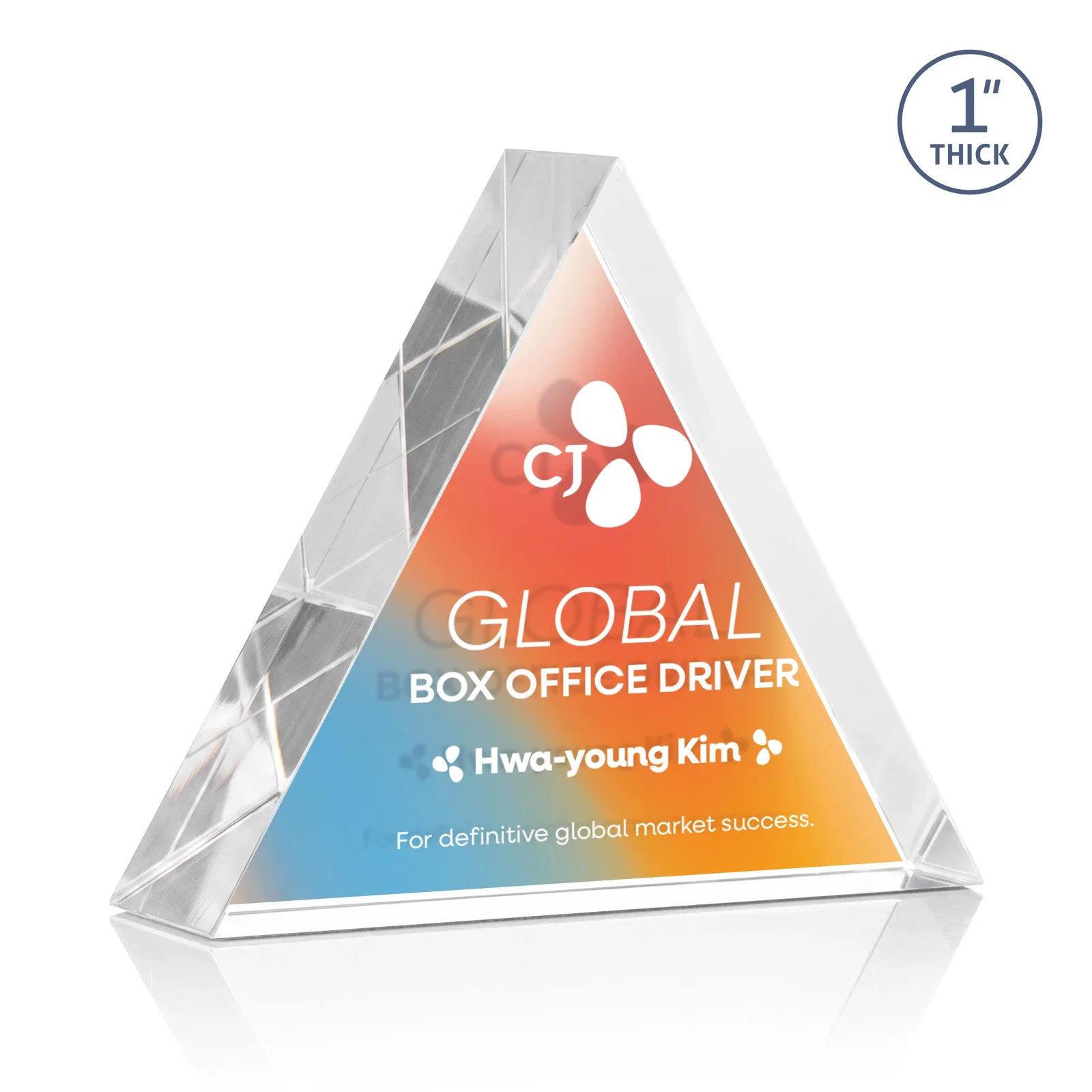 Custom printed One-Inch-Thick Acrylic Triangle Desk Award for sales achievement awards