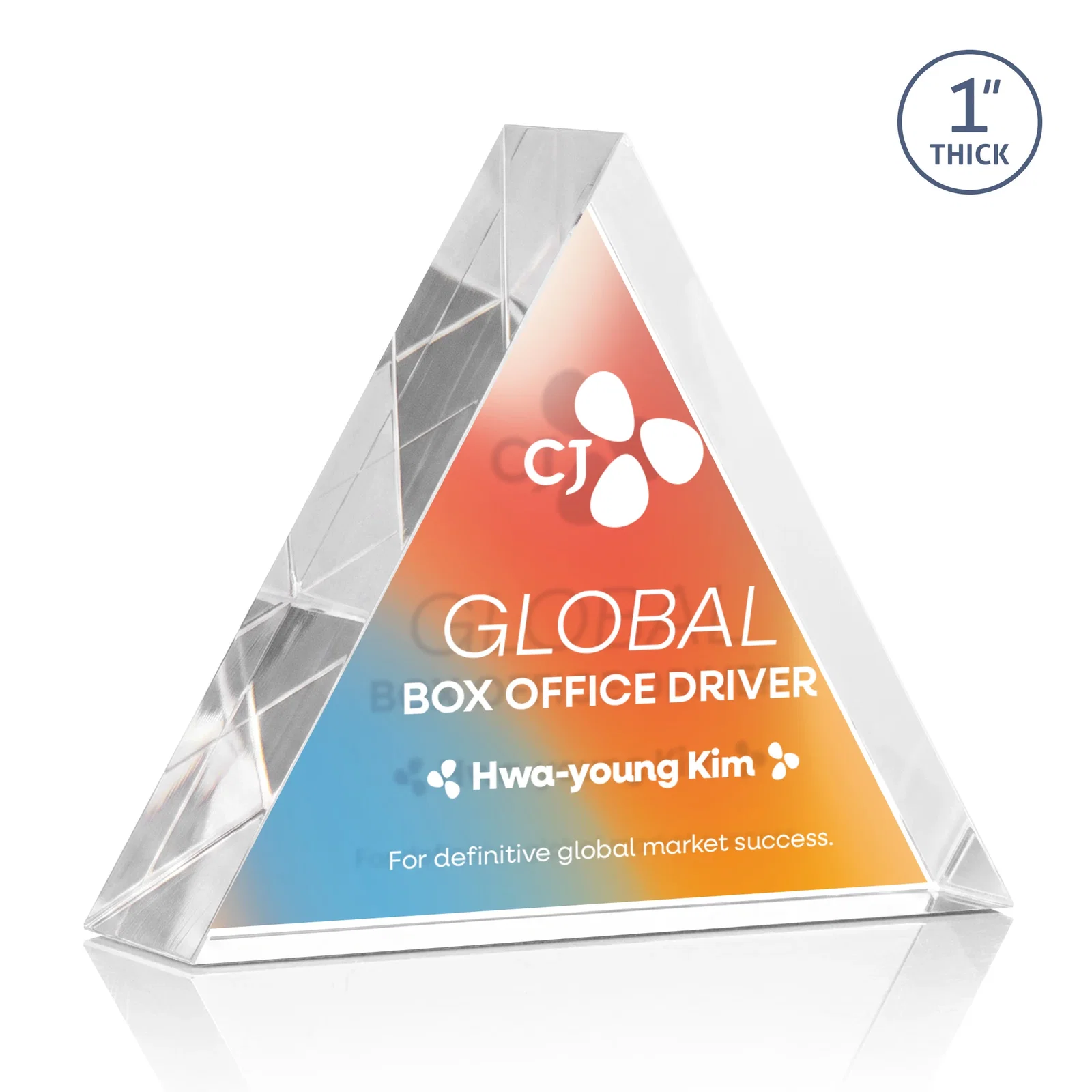 Custom printed One-Inch-Thick Acrylic Triangle Desk Award for retirement presentations