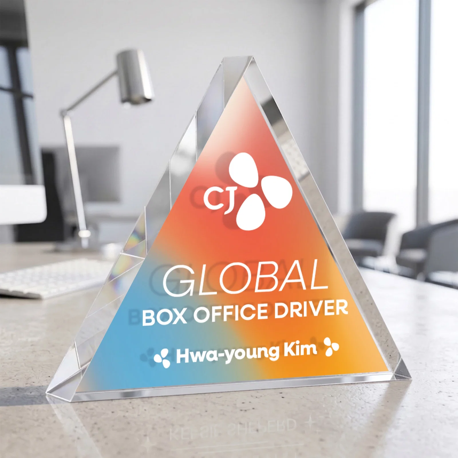Custom printed One-Inch-Thick Acrylic Triangle Desk Award for team milestone celebrations