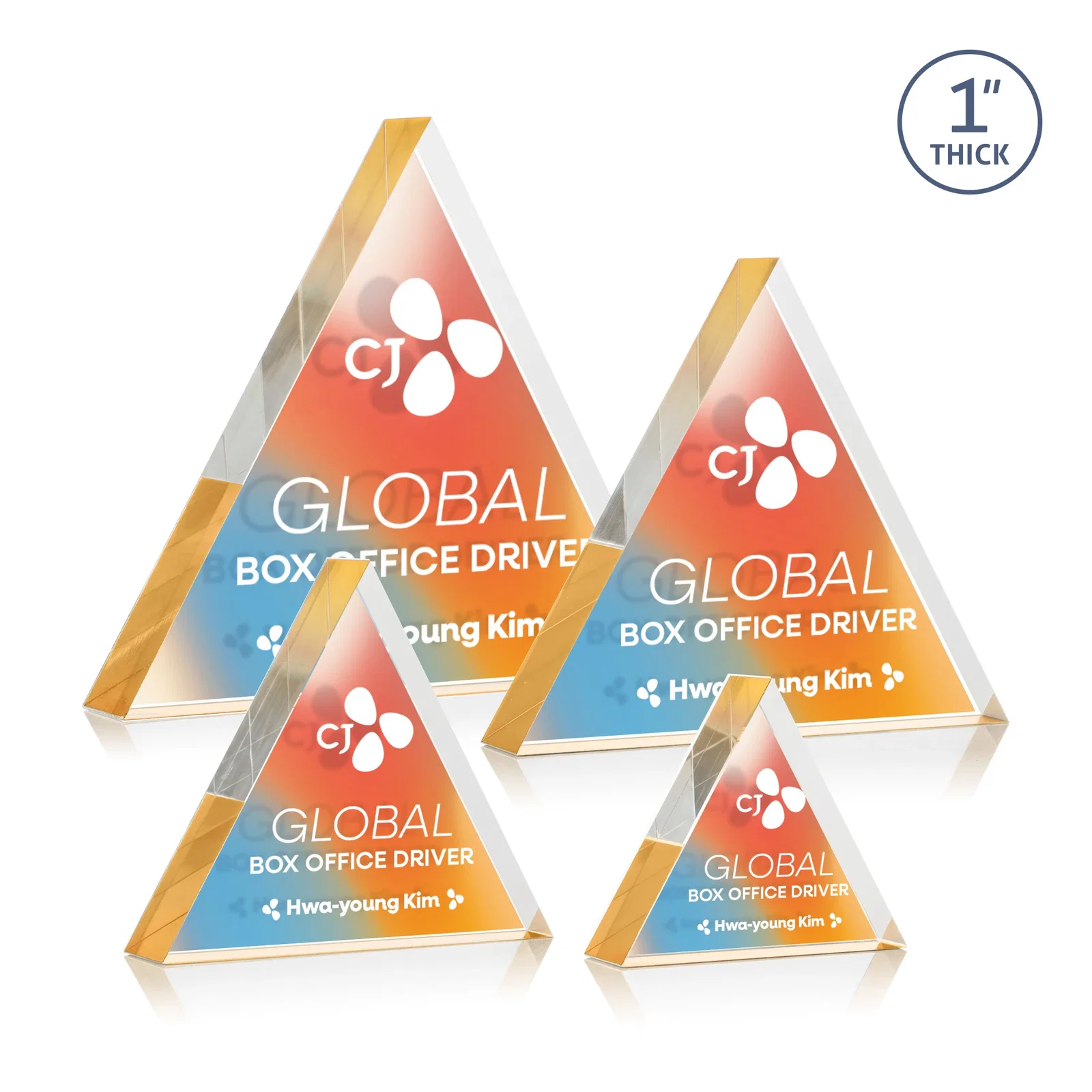 Custom printed One-Inch-Thick Acrylic Triangle Desk Award for donor appreciation