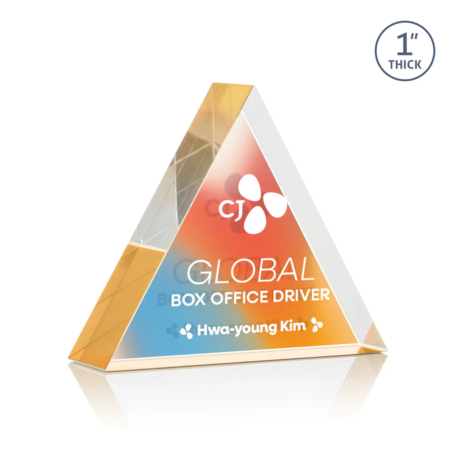Custom printed One-Inch-Thick Acrylic Triangle Desk Award for graduation ceremonies