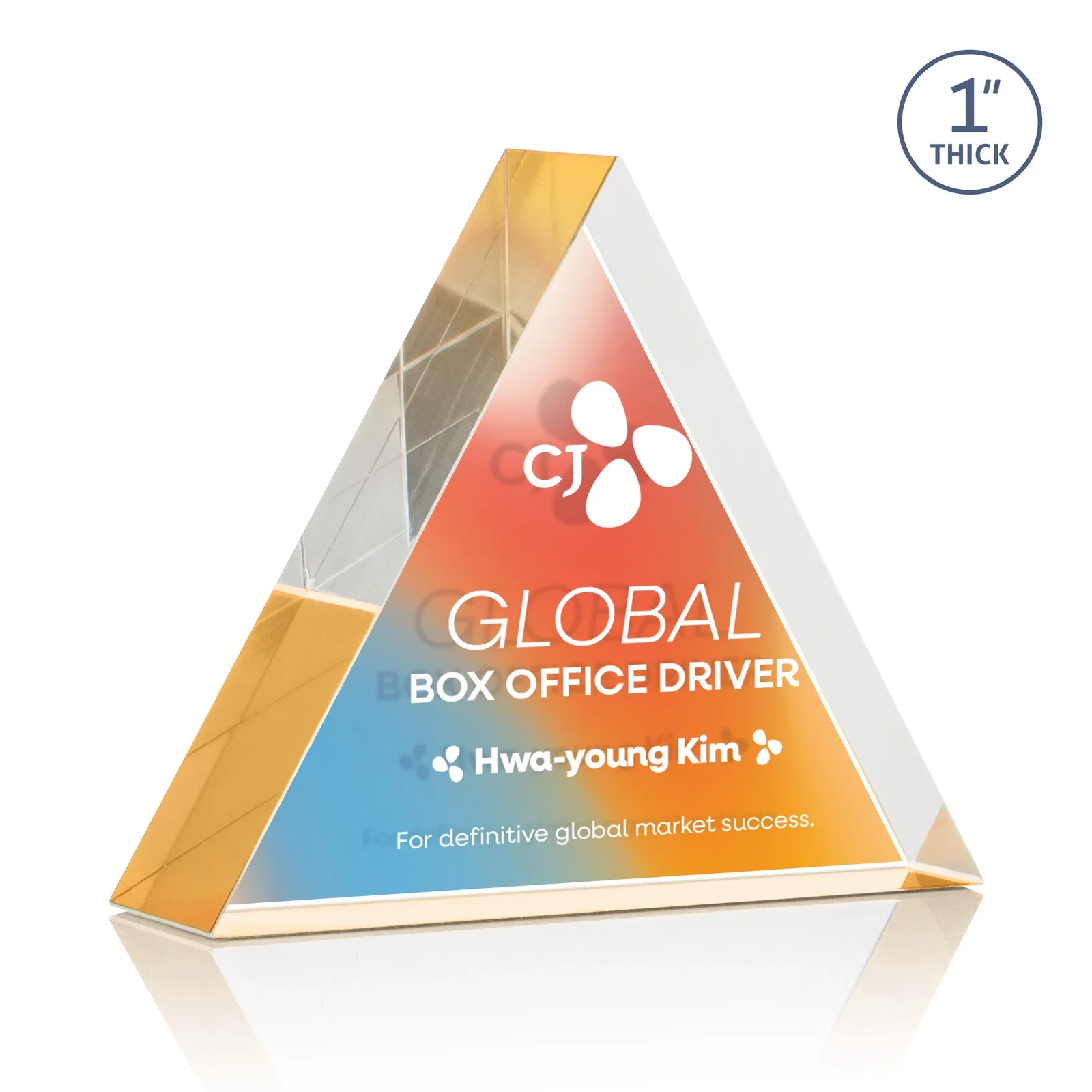 Custom printed One-Inch-Thick Acrylic Triangle Desk Award for volunteer appreciation