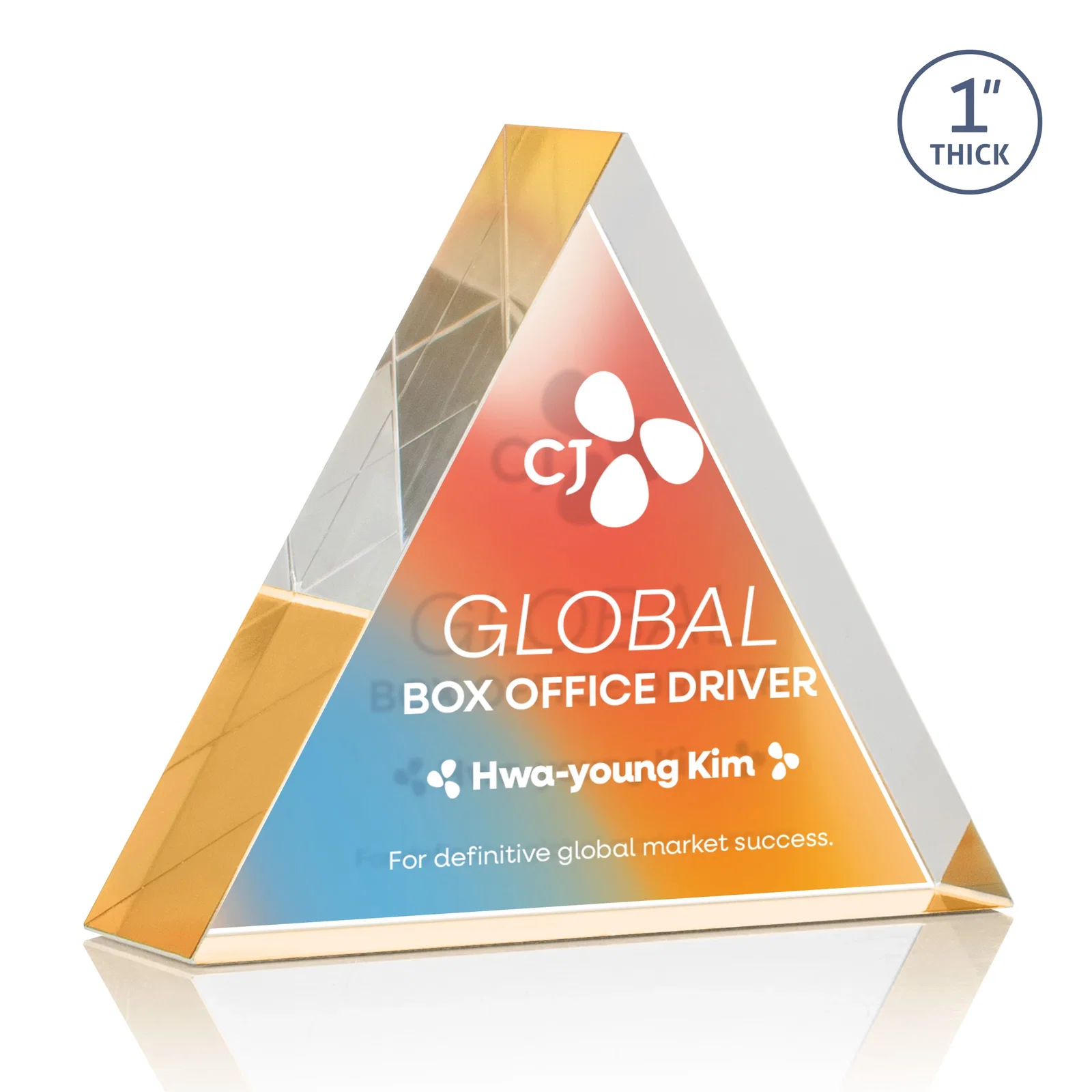 Custom printed One-Inch-Thick Acrylic Triangle Desk Award for dealer and partner awards