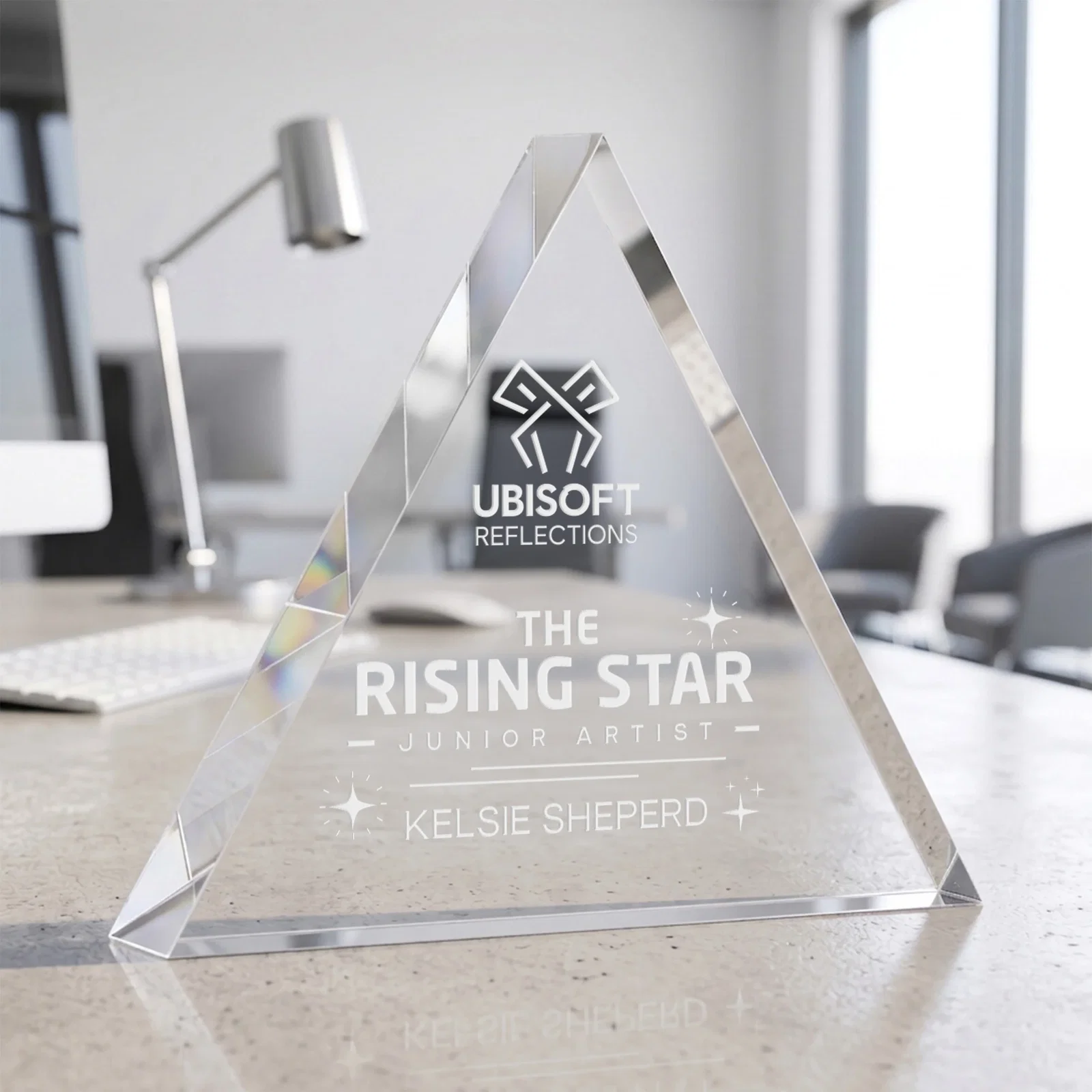 Custom One-Inch-Thick Acrylic Triangle Desk Award for team milestone celebrations