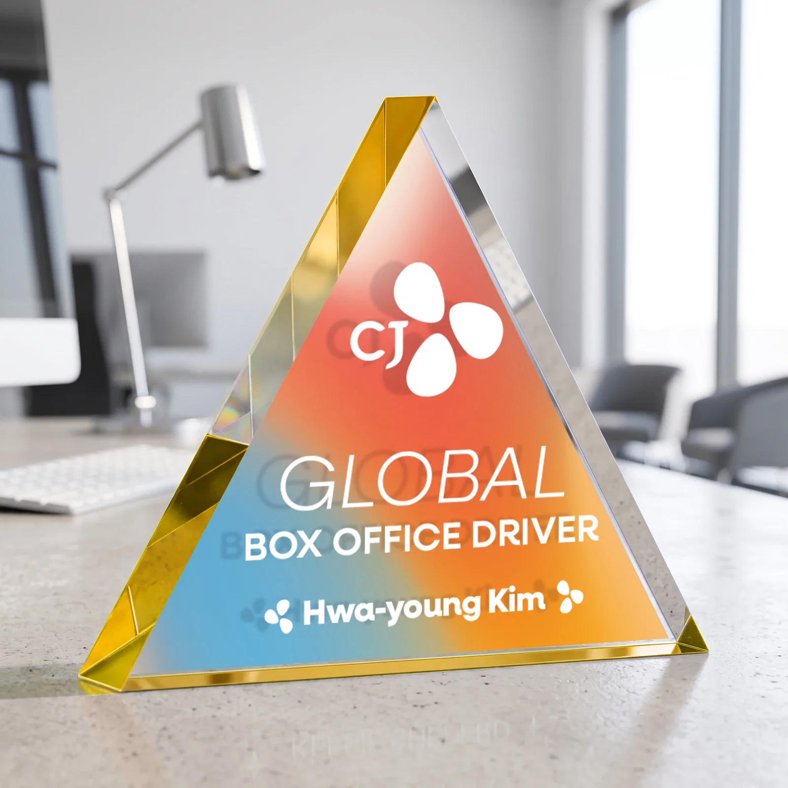 Custom printed One-Inch-Thick Acrylic Triangle Desk Award for company anniversary events