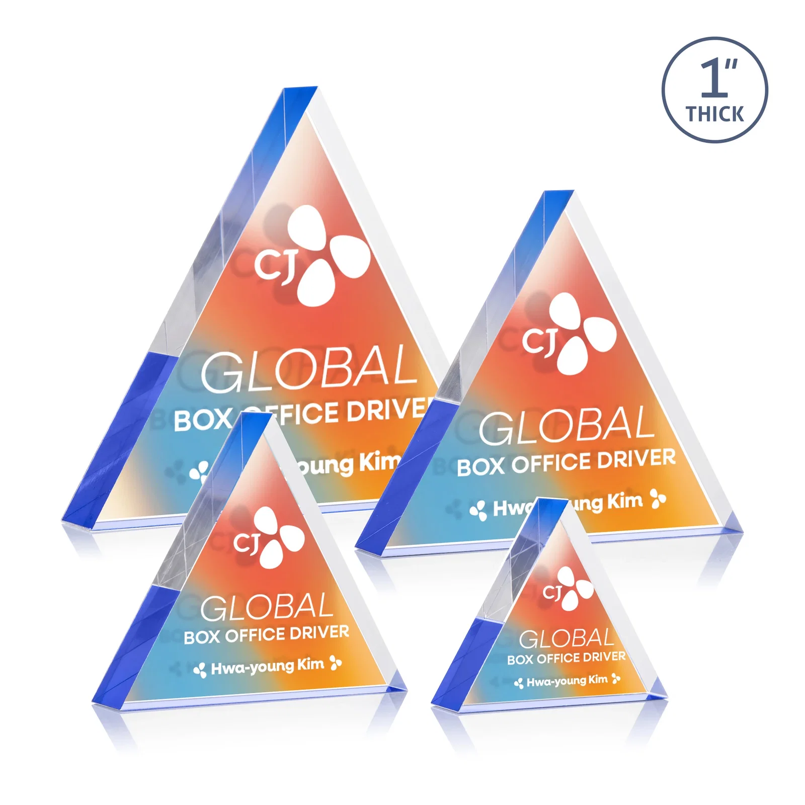 Customized One-Inch-Thick Acrylic Triangle Desk Award for employee recognition
