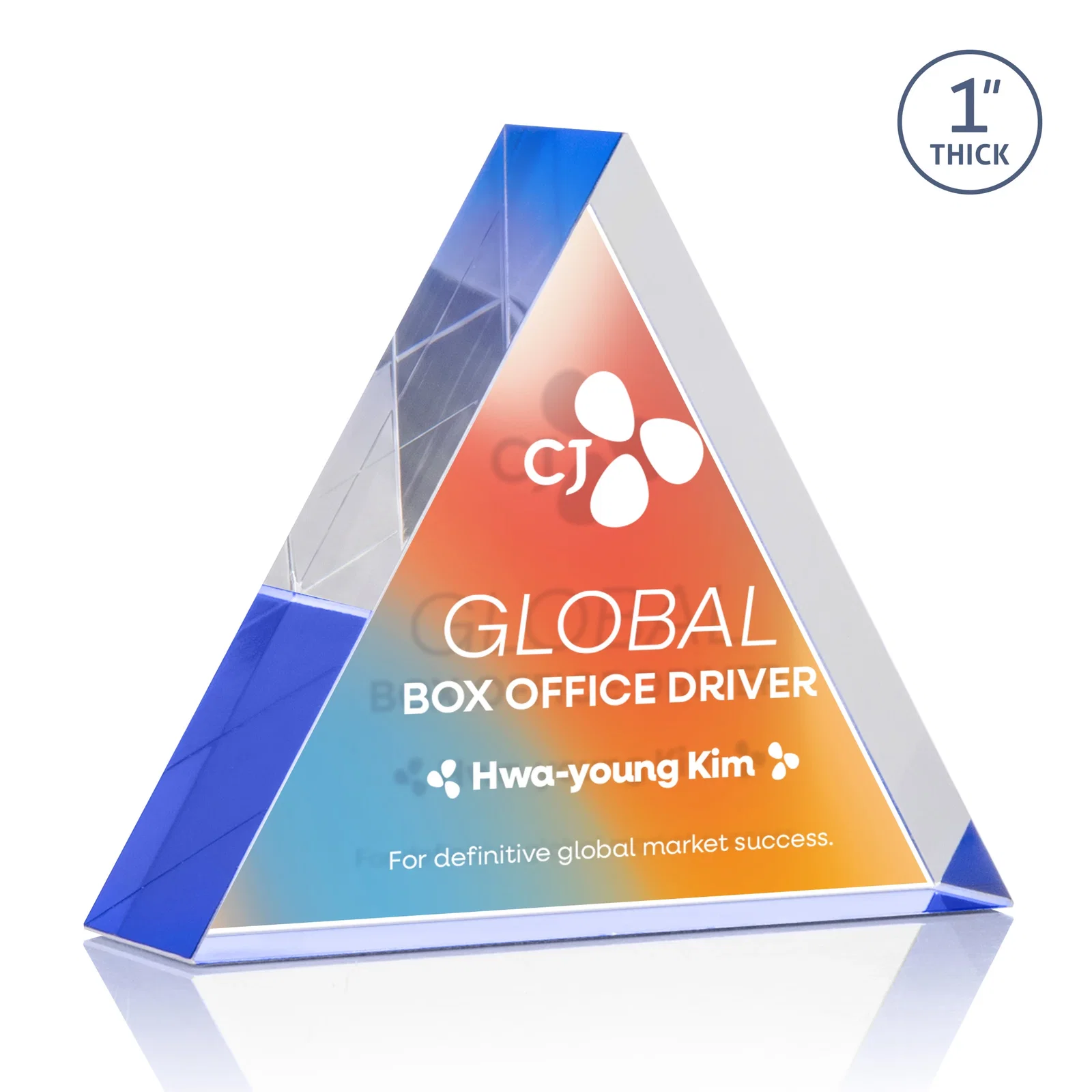 Customized One-Inch-Thick Acrylic Triangle Desk Award for retirement presentations