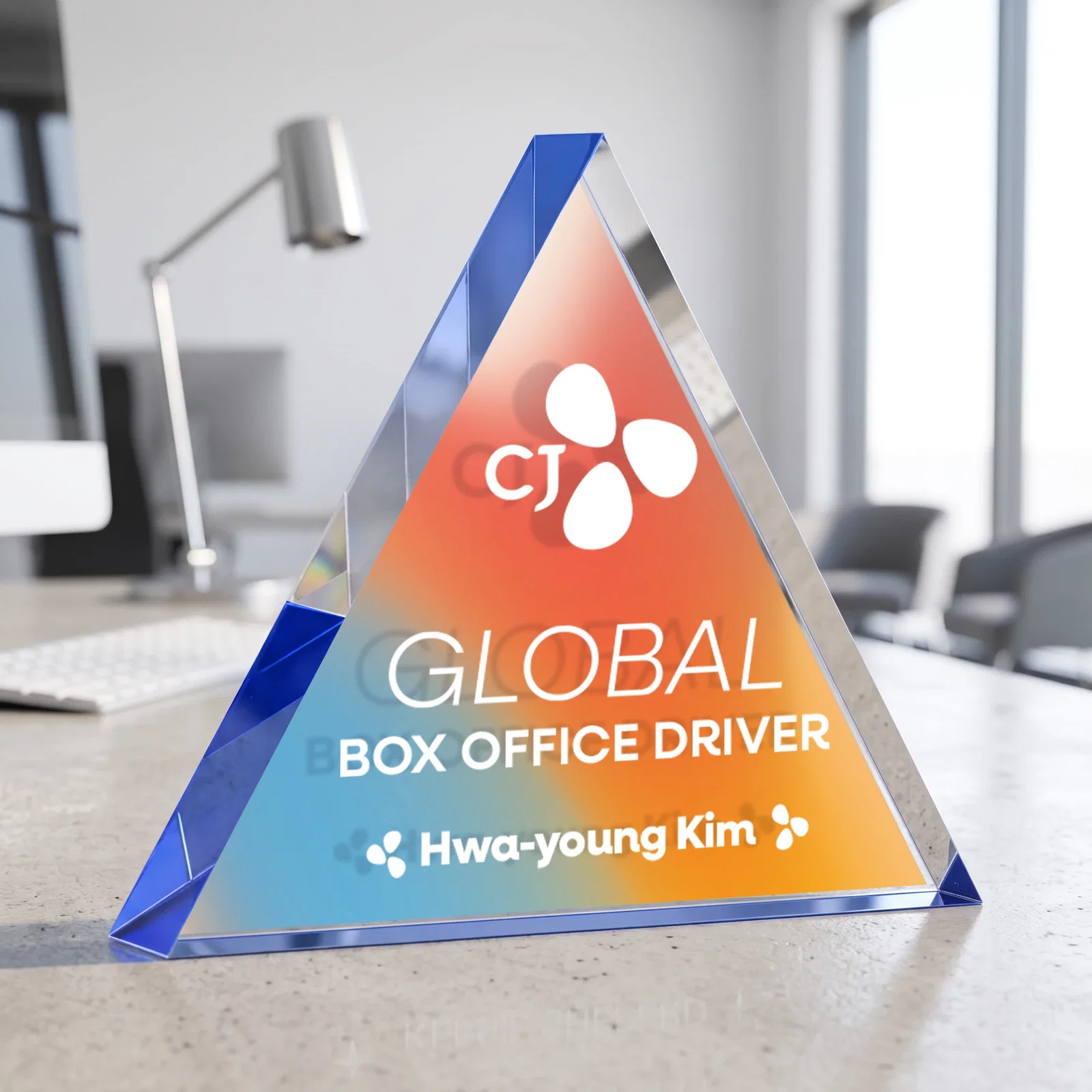 Customized One-Inch-Thick Acrylic Triangle Desk Award for team milestone celebrations