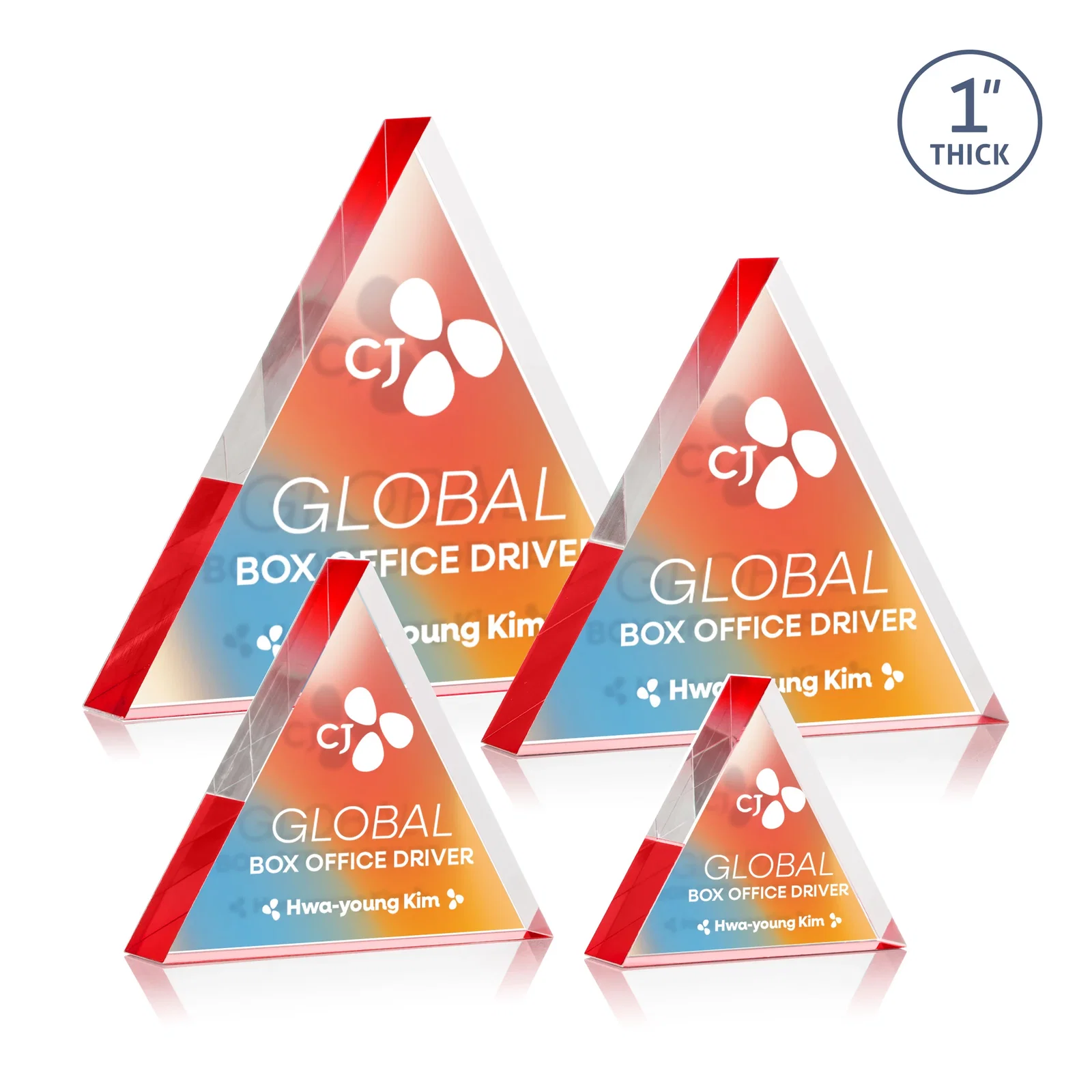 Customized One-Inch-Thick Acrylic Triangle Desk Award for donor appreciation