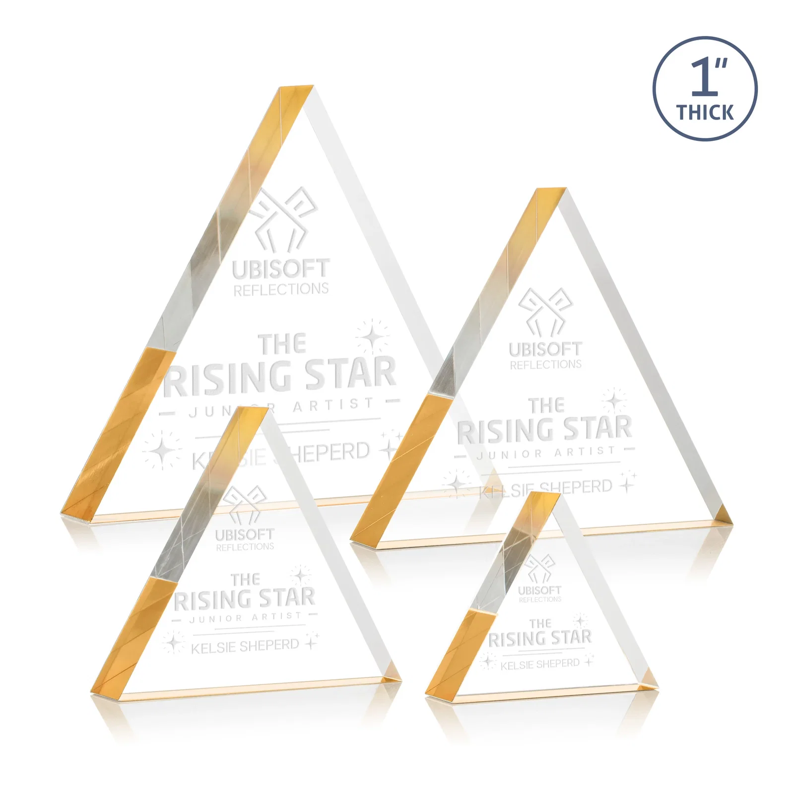 Custom One-Inch-Thick Acrylic Triangle Desk Award for donor appreciation