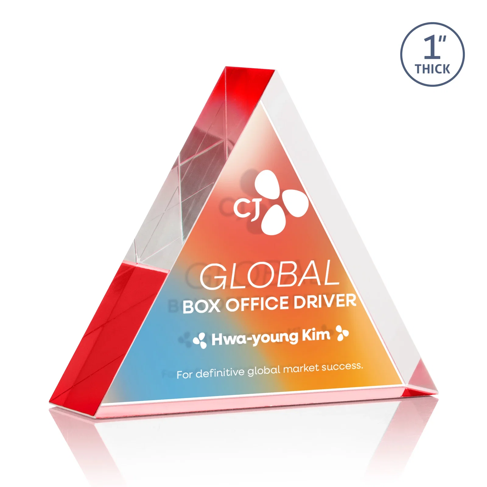 Customized One-Inch-Thick Acrylic Triangle Desk Award for volunteer appreciation